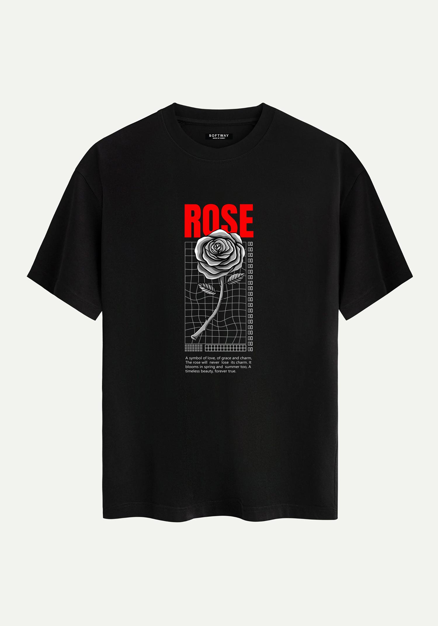 Unisex Bisiklet Yaka %100 Organik Pamuklu Kalın Dokulu Rose Baskılı Oversize T-shirt - SİYAH