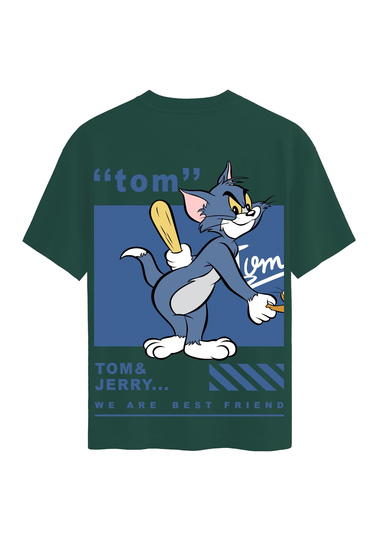 Unisex Bisiklet Yaka %100 Organik Pamuklu Kalın Dokulu Tom Baskılı Oversize T-shirt - KOYU YEŞİL