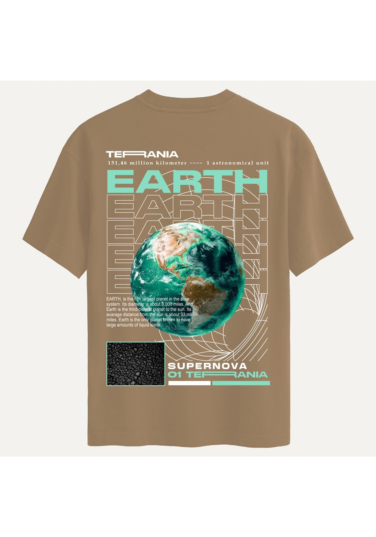 Unisex Bisiklet Yaka %100 Organik Pamuklu Kalın Dokulu Earth Baskılı Oversize T-shirt - AÇIK KAHVERENGİ