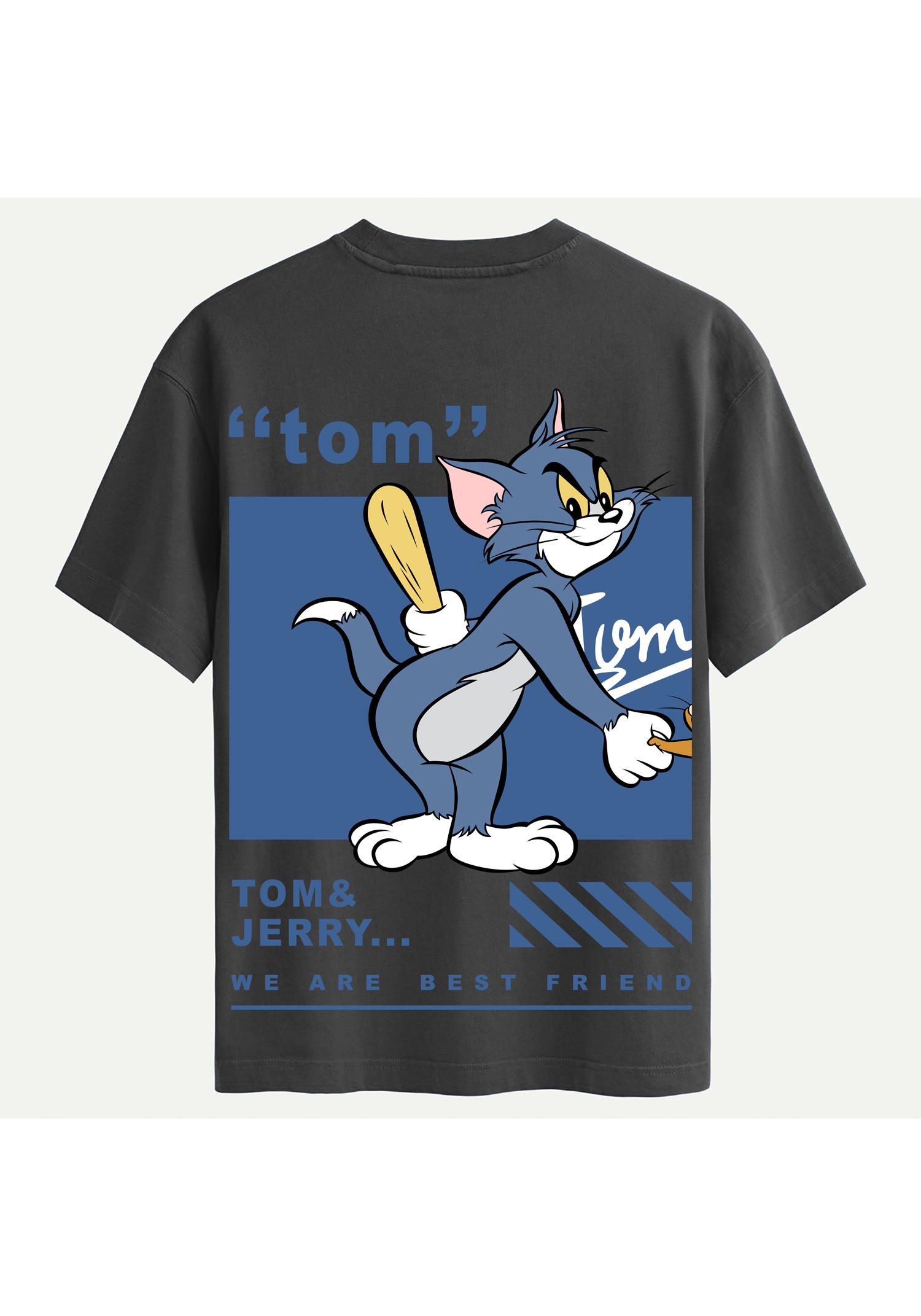 Unisex Bisiklet Yaka %100 Organik Pamuklu Kalın Dokulu Tom Baskılı Oversize T-shirt - FÜME