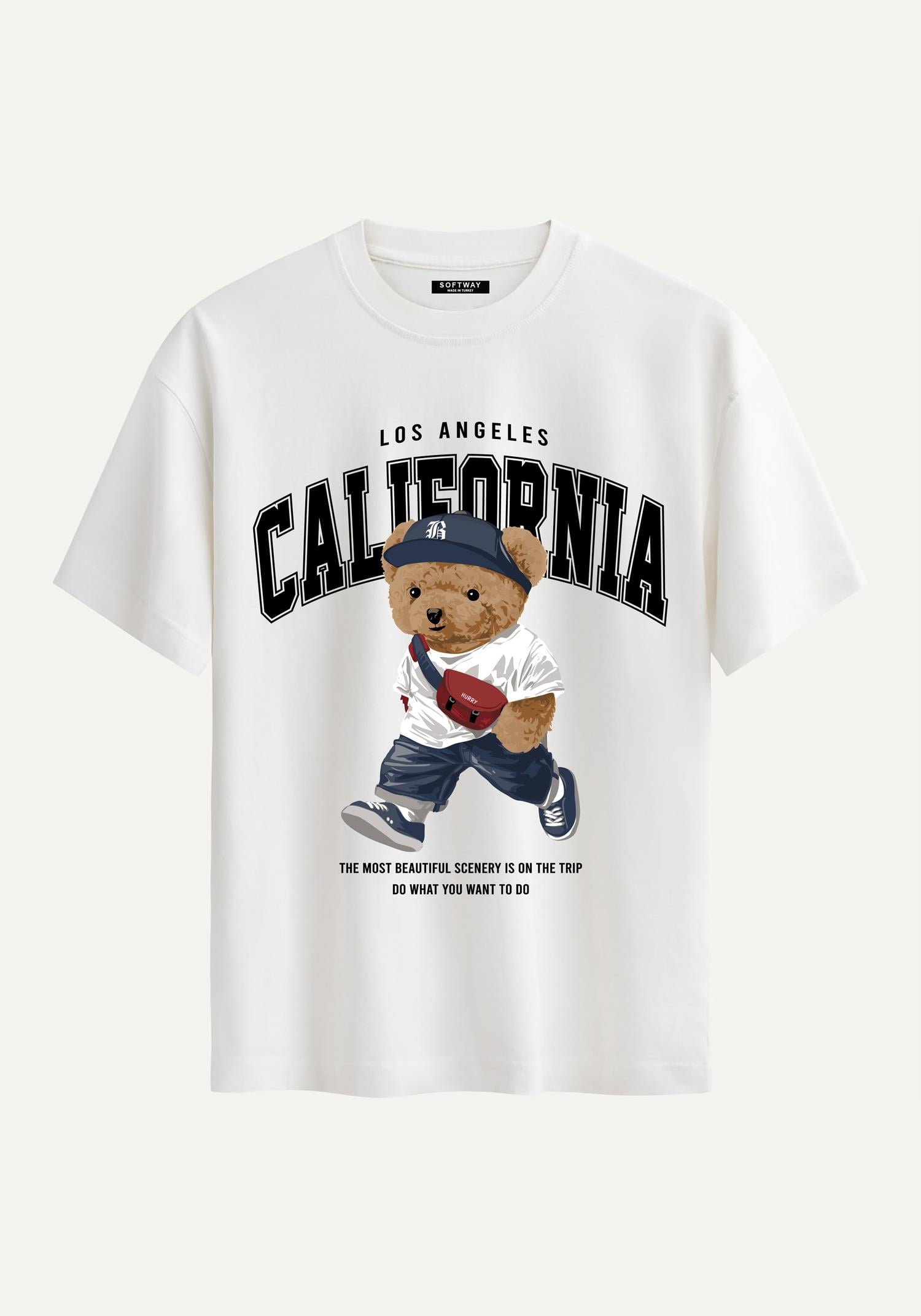 Unisex Bisiklet Yaka %100 Organik Pamuklu Kalın Dokulu California Baskılı Oversize T-shirt - EKRU