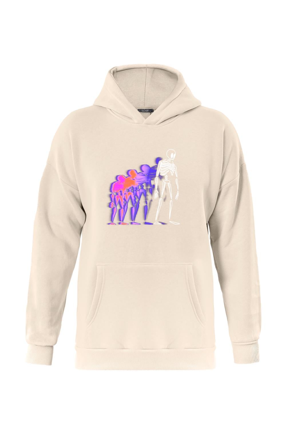 Unisex Colorful Skeleton Baskılı Kapüşonlu İçi Yumuşak Polarlı Oversize Sweatshirt - BEJ