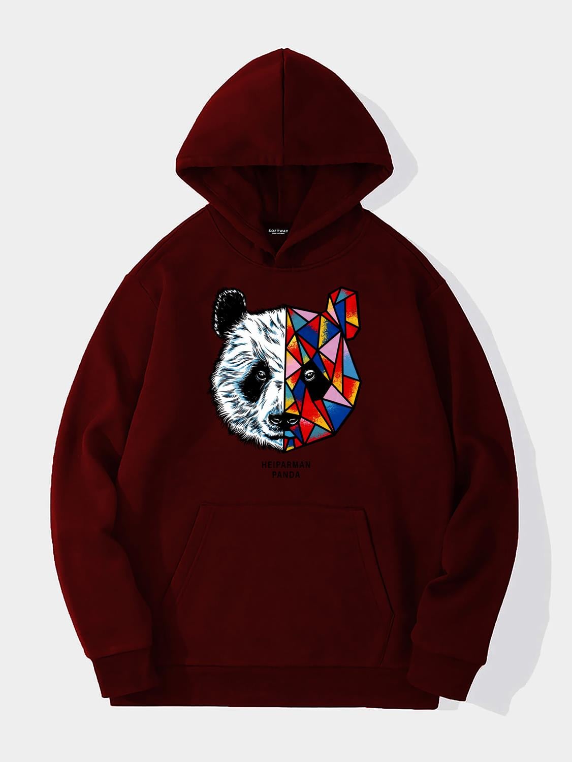 Unisex Heiparman Panda Baskılı Kapüşonlu İçi Yumuşak Polarlı Oversize Sweatshirt - BORDO