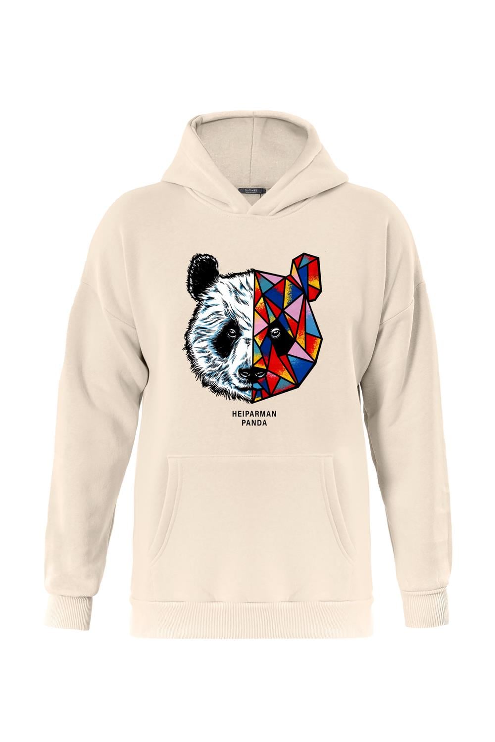 Unisex Heiparman Panda Baskılı Kapüşonlu İçi Yumuşak Polarlı Oversize Sweatshirt - BEJ