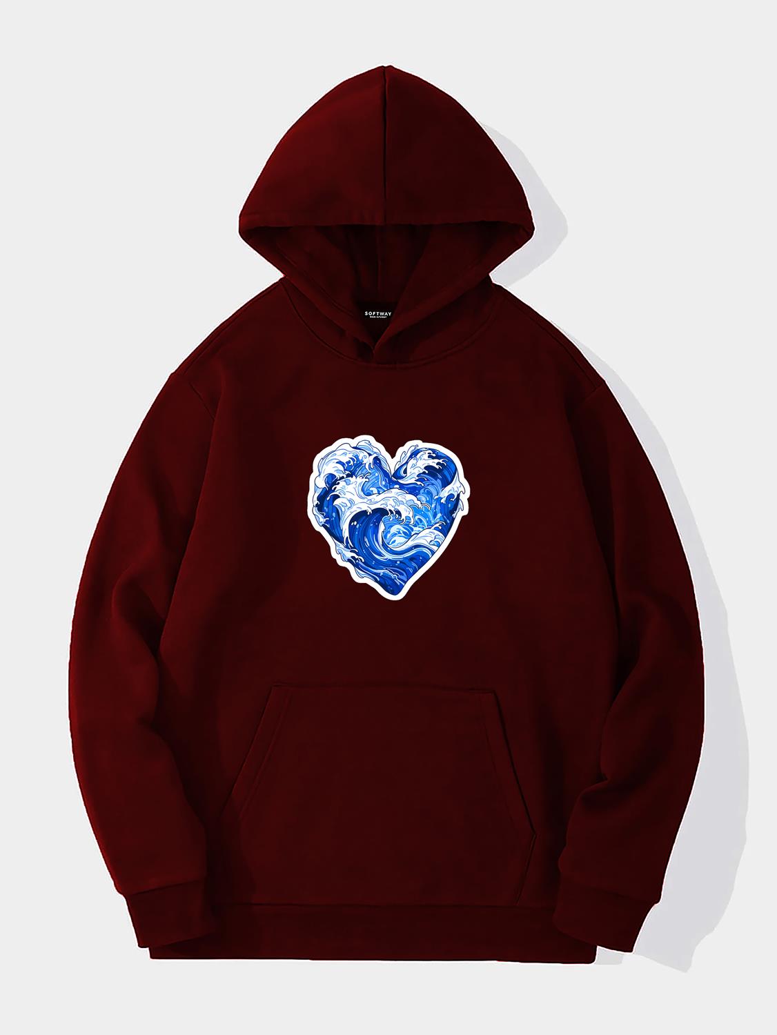 Unisex Ocen Heart Baskılı Kapüşonlu İçi Yumuşak Polarlı Oversize Sweatshirt - BORDO