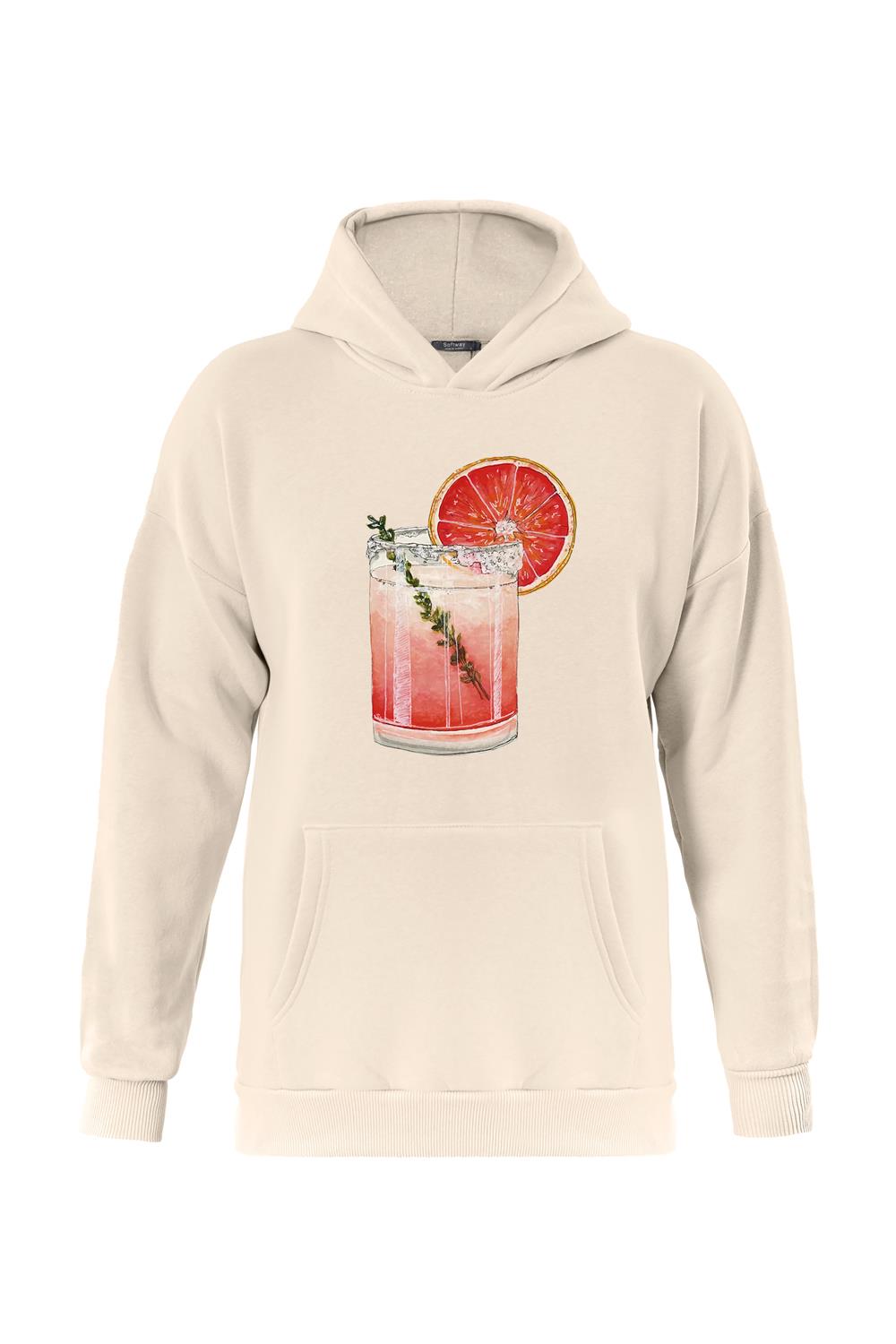 Unisex Orange Cocktail Baskılı Kapüşonlu İçi Yumuşak Polarlı Oversize Sweatshirt - BEJ