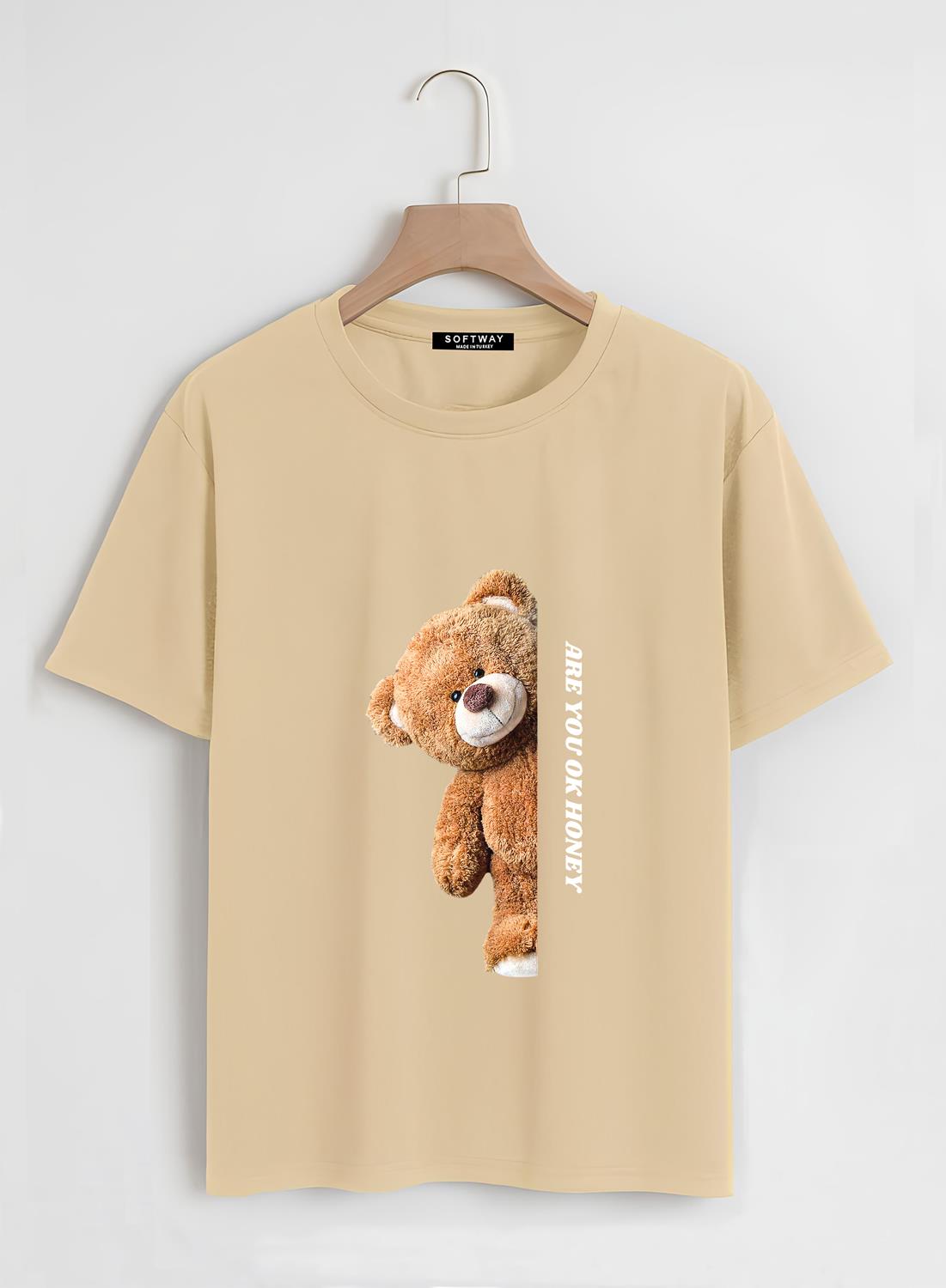 Unisex Oversize Bisiklet Yaka Are You Ok Honey Baskılı Basic T-Shirt - BEJ