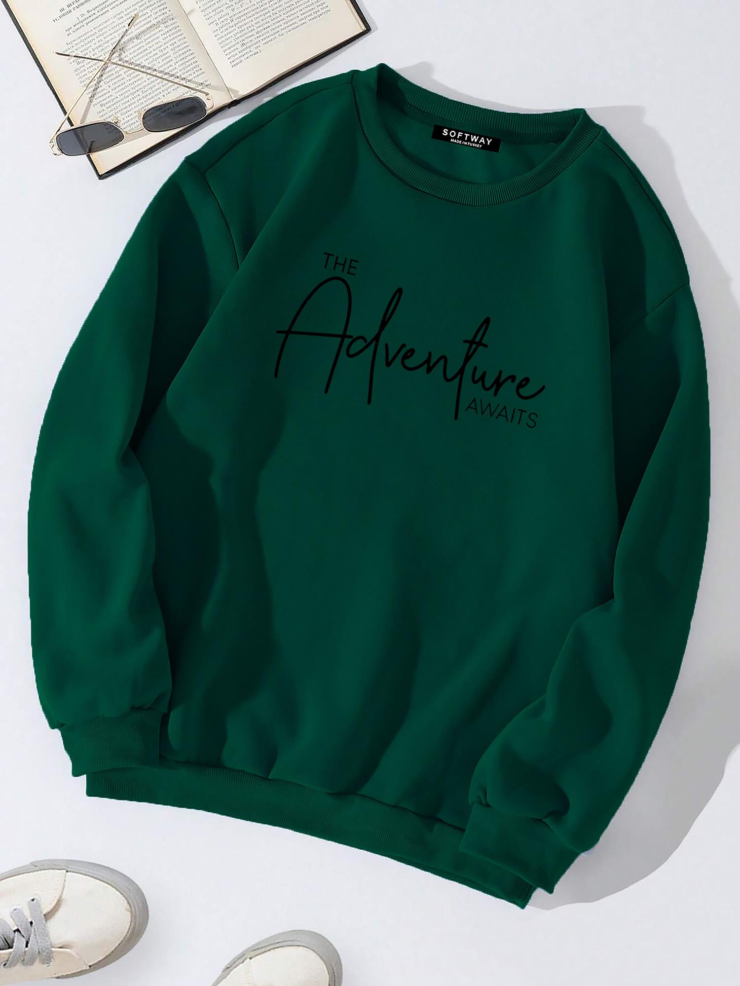 Unisex Oversize Bisiklet Yaka Basic Adventure Baskılı Sweatshirt - KOYU YEŞİL