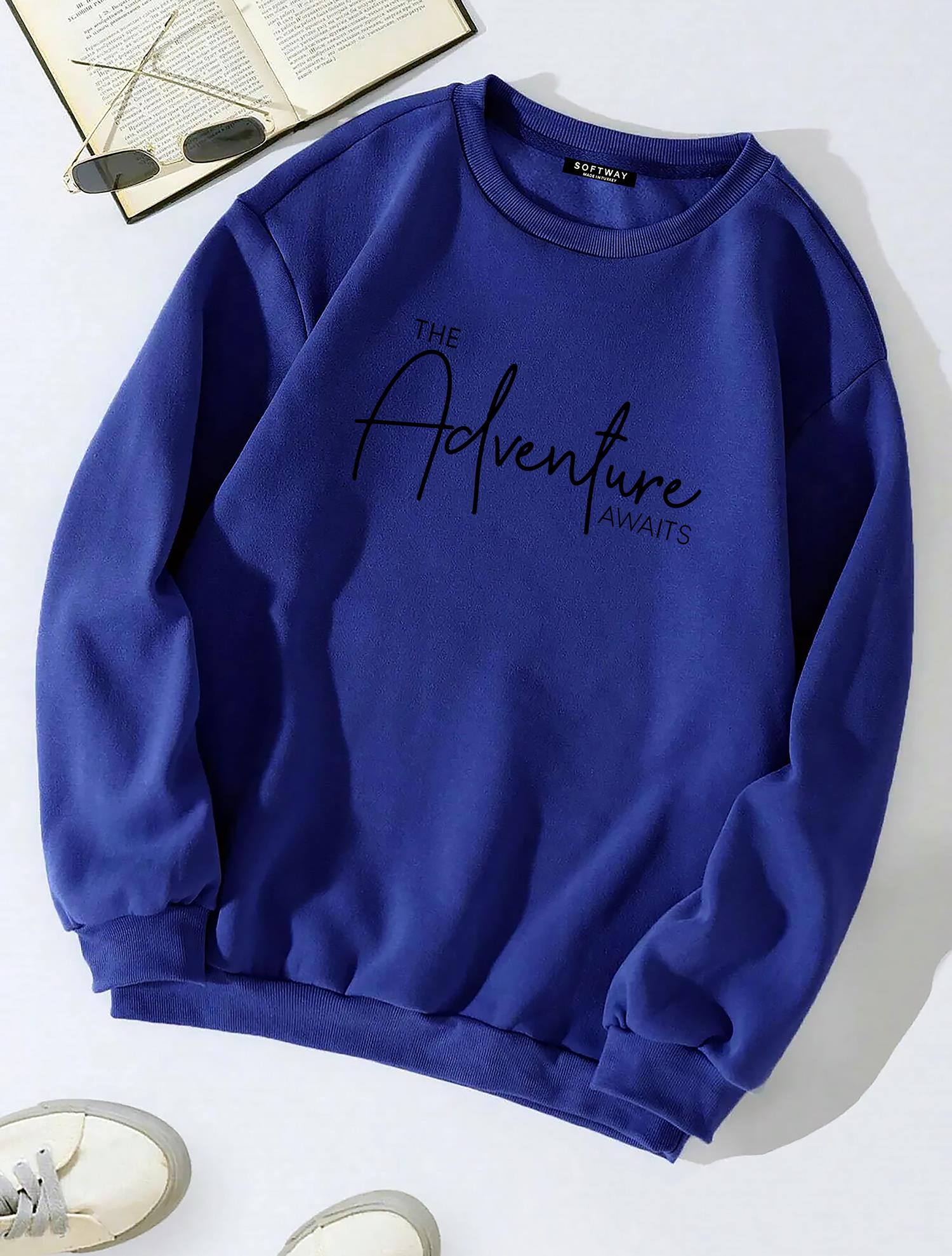 Unisex Oversize Bisiklet Yaka Basic Adventure Baskılı Sweatshirt - SAKS MAVİSİ