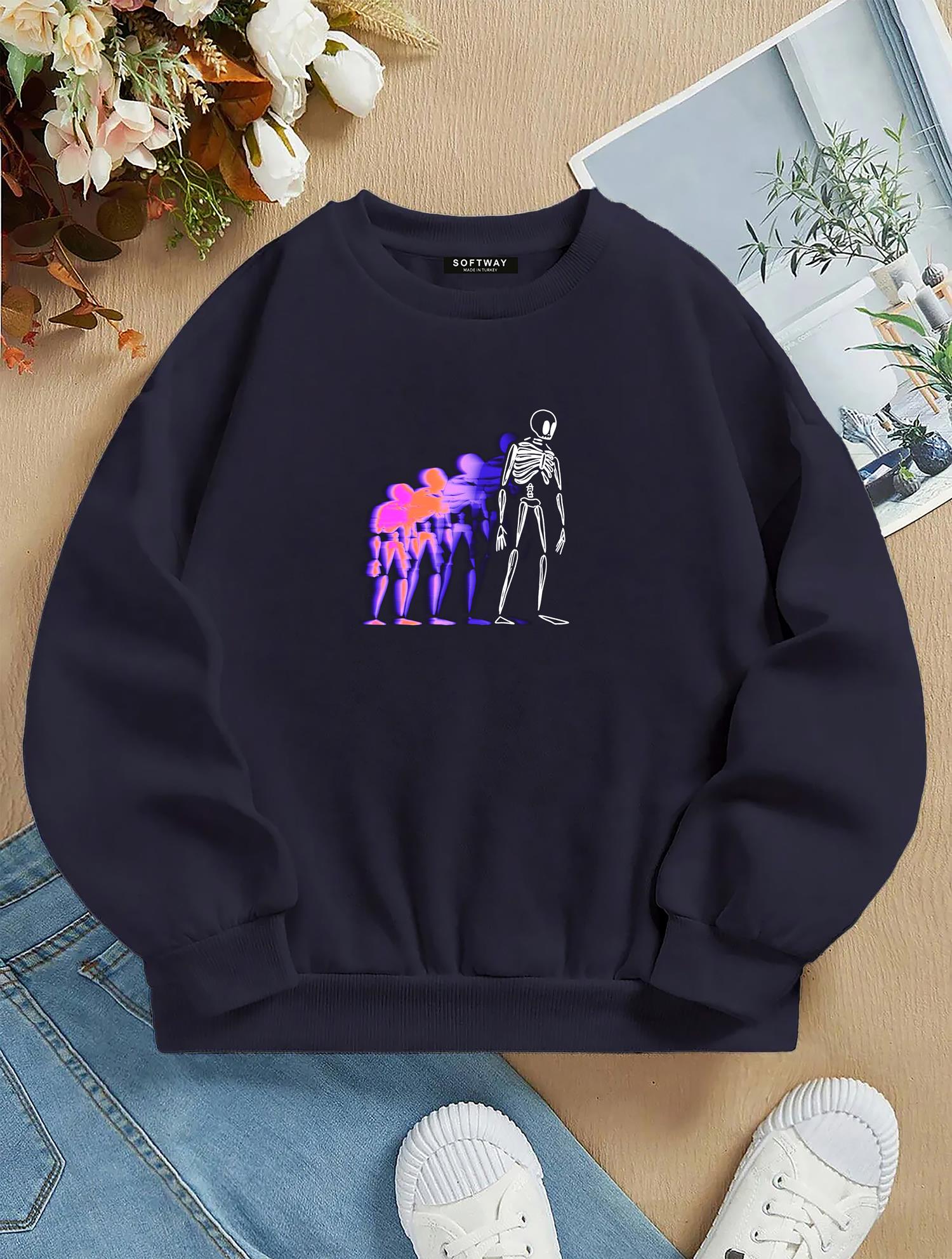 Unisex Oversize Bisiklet Yaka Basic Corolful Skeleton Baskılı Sweatshirt - LACİVERT