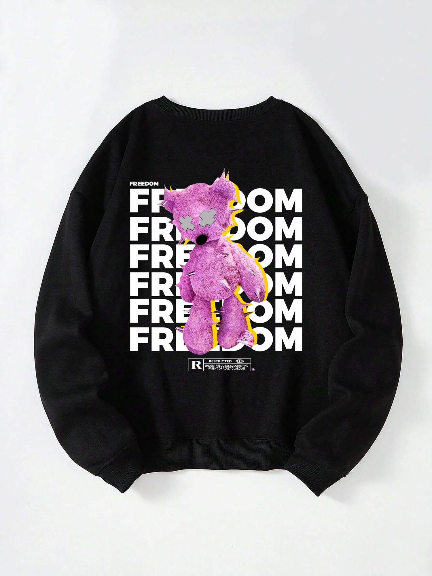 Unisex Oversize Bisiklet Yaka Basic Freedom Baskılı Sweatshirt - SİYAH