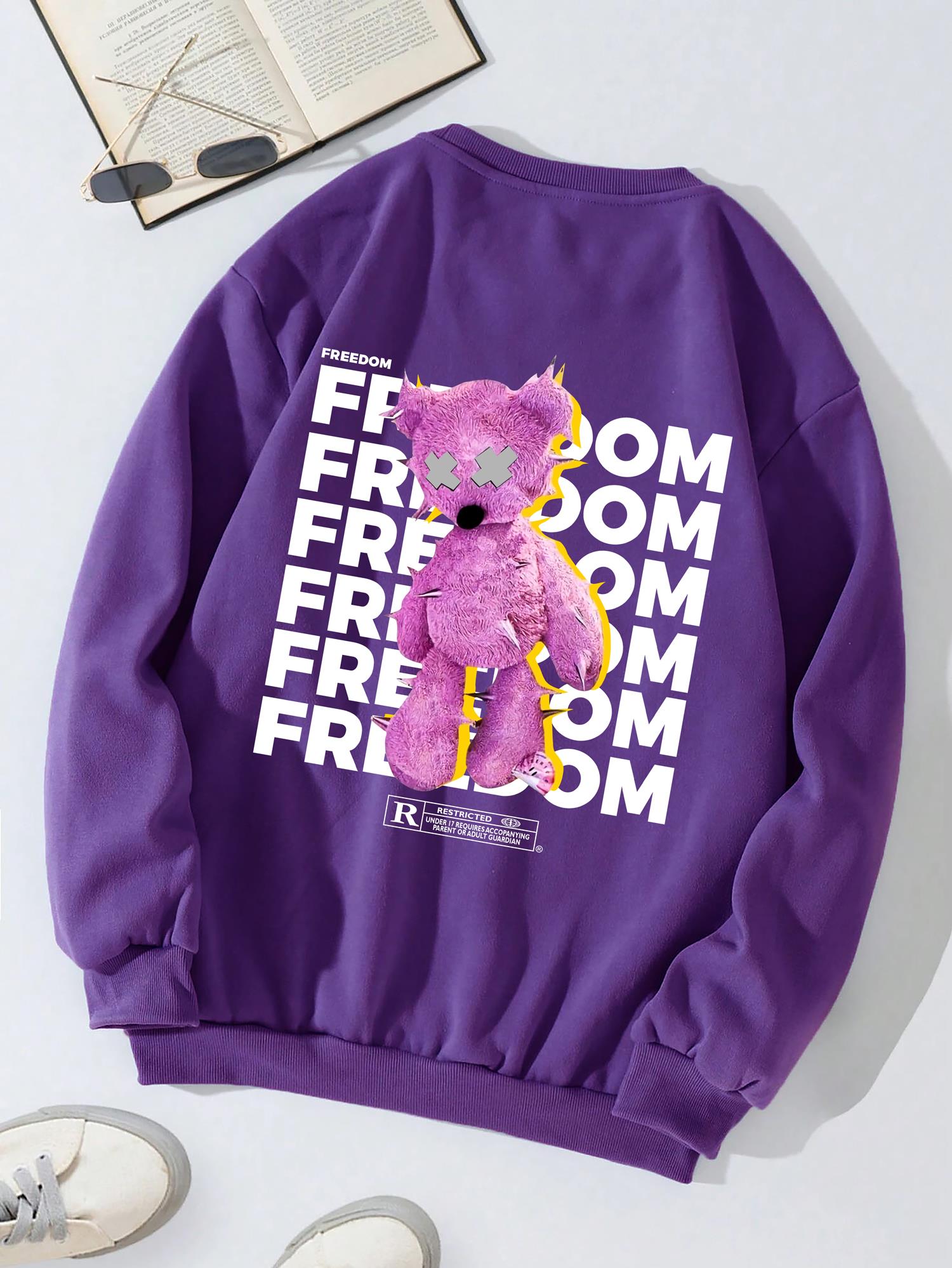 Unisex Oversize Bisiklet Yaka Basic Freedom Baskılı Sweatshirt - MOR