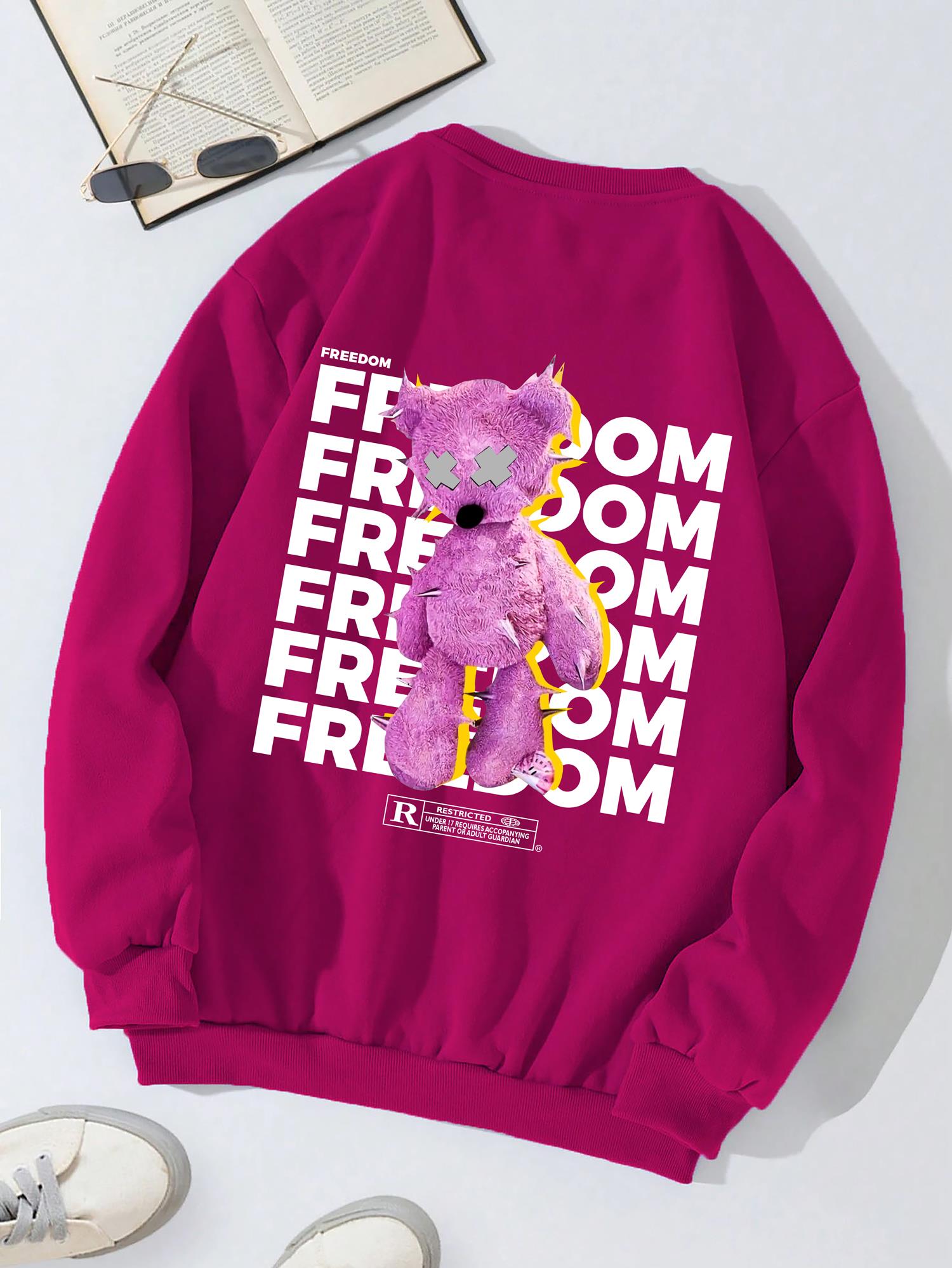 Unisex Oversize Bisiklet Yaka Basic Freedom Baskılı Sweatshirt - FUŞYA