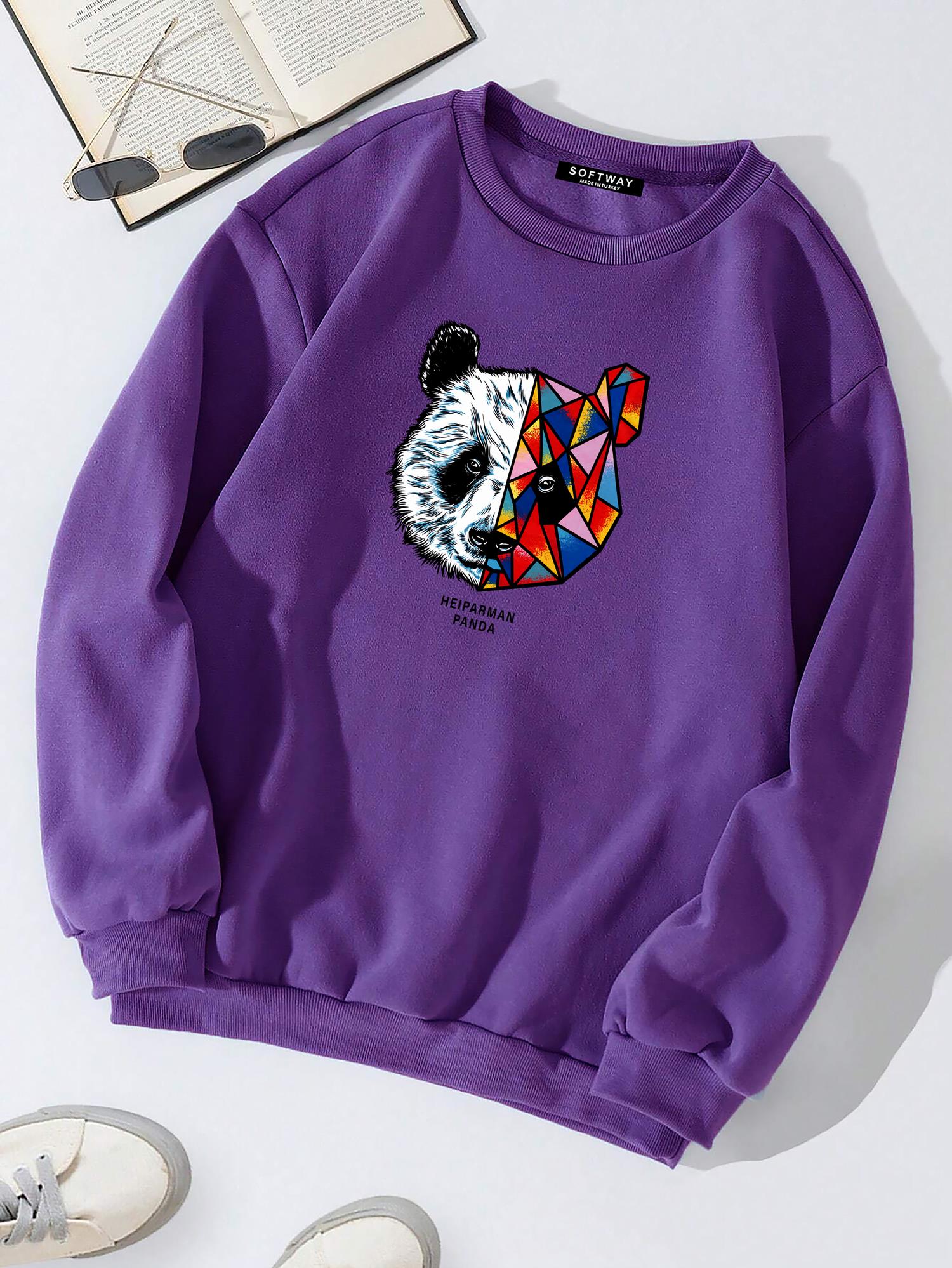 Unisex Oversize Bisiklet Yaka Basic Heiparman Panda Baskılı Sweatshirt - MOR