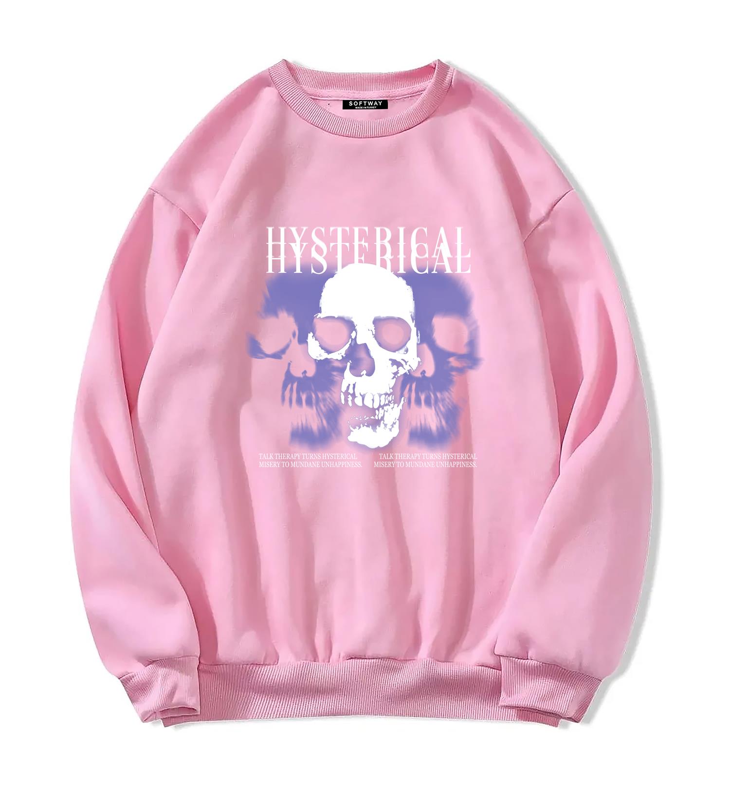 Unisex Oversize Bisiklet Yaka Basic Hystarigal Baskılı Sweatshirt - PEMBE