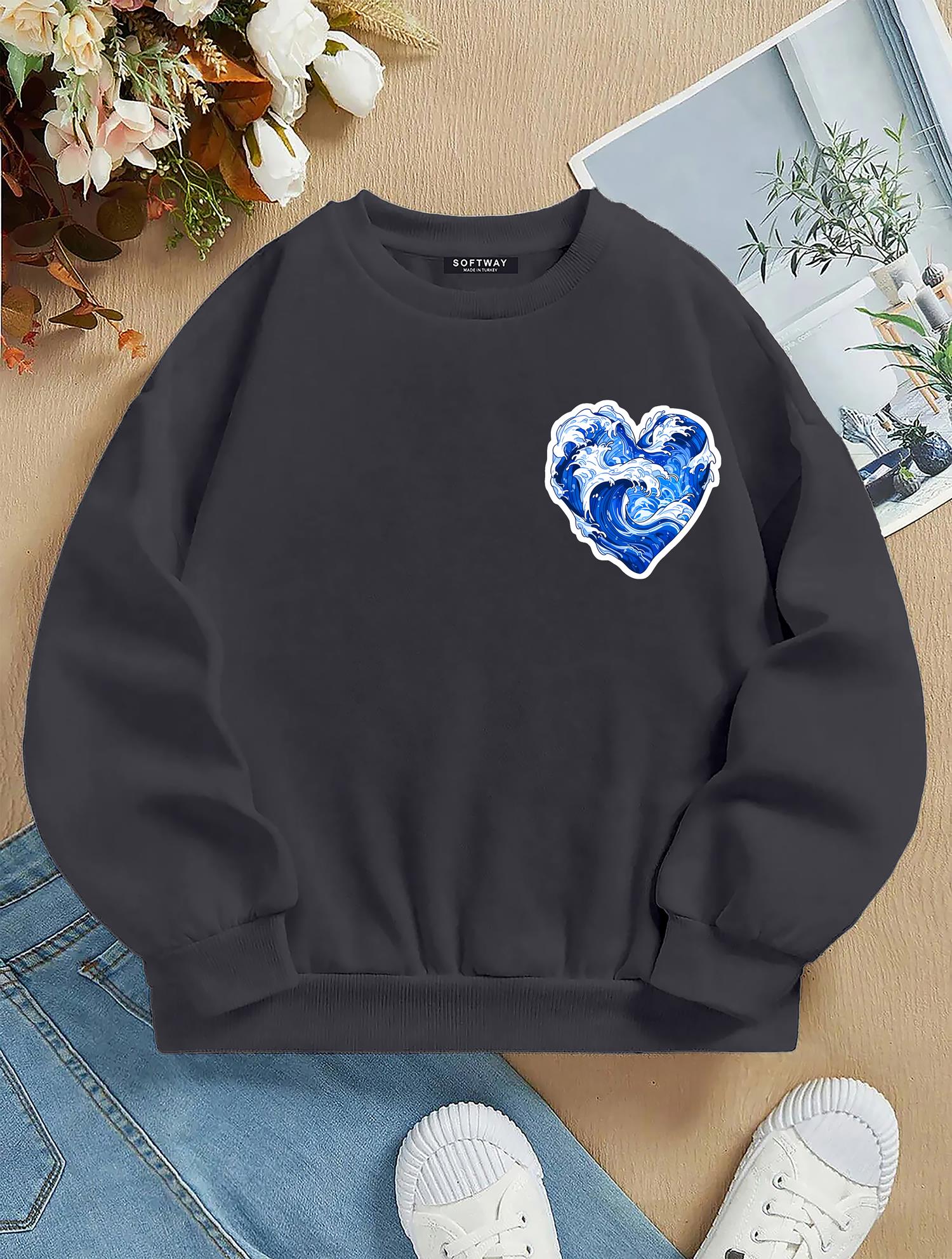 Unisex Oversize Bisiklet Yaka Basic Ocean Heart Baskılı Sweatshirt - FÜME