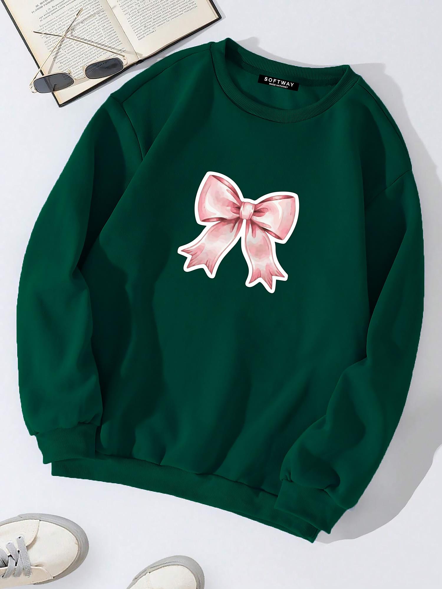 Unisex Oversize Bisiklet Yaka Basic Powder Pink Ribbom Sweatshirt - KOYU YEŞİL