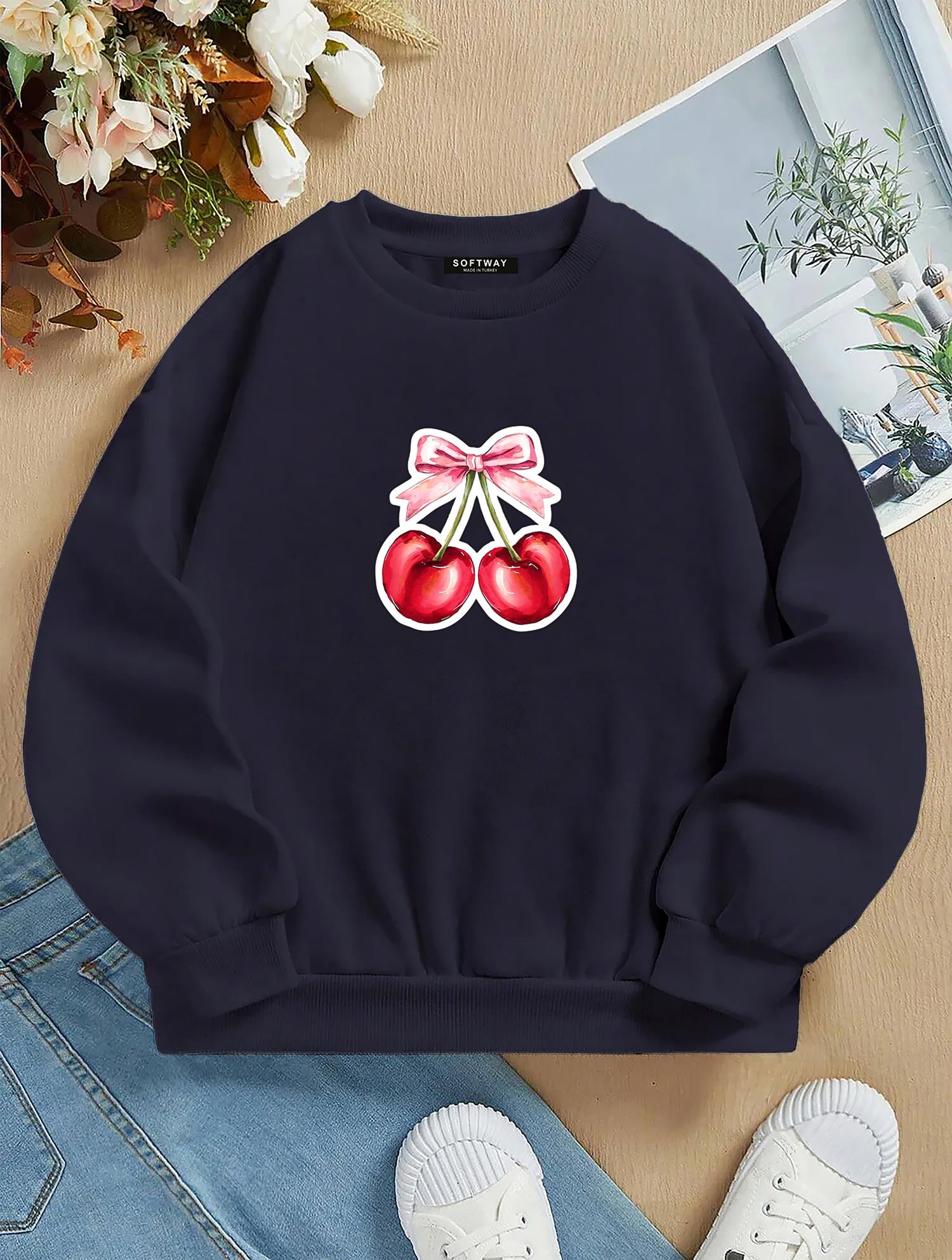 Unisex Oversize Bisiklet Yaka Basic Ribbon Cherry Baskılı Sweatshirt - LACİVERT