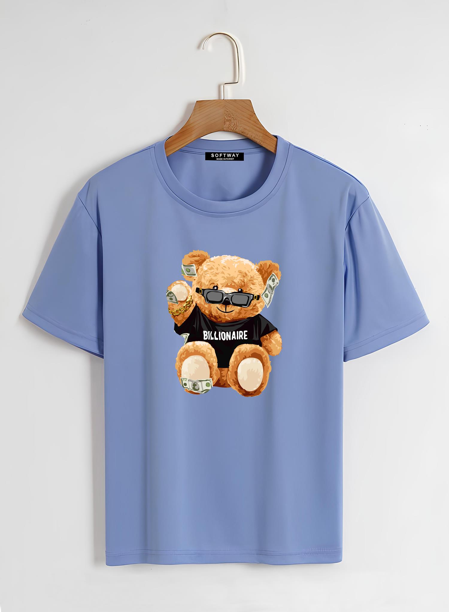 Unisex Oversize Bisiklet Yaka Billionaire Baskılı Basic T-Shirt - MAVİ