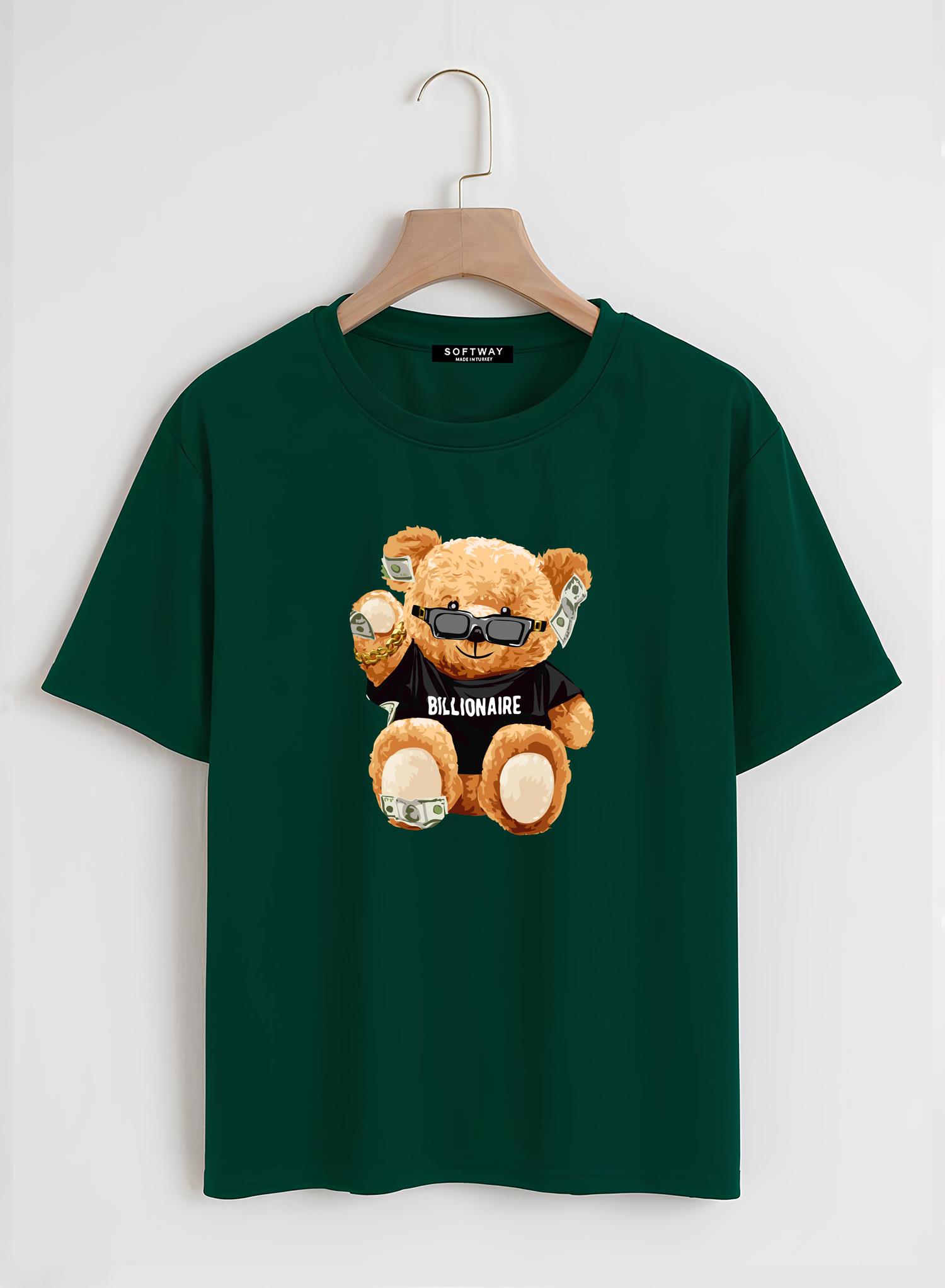 Unisex Oversize Bisiklet Yaka Billionaire Baskılı Basic T-Shirt - KOYU YEŞİL