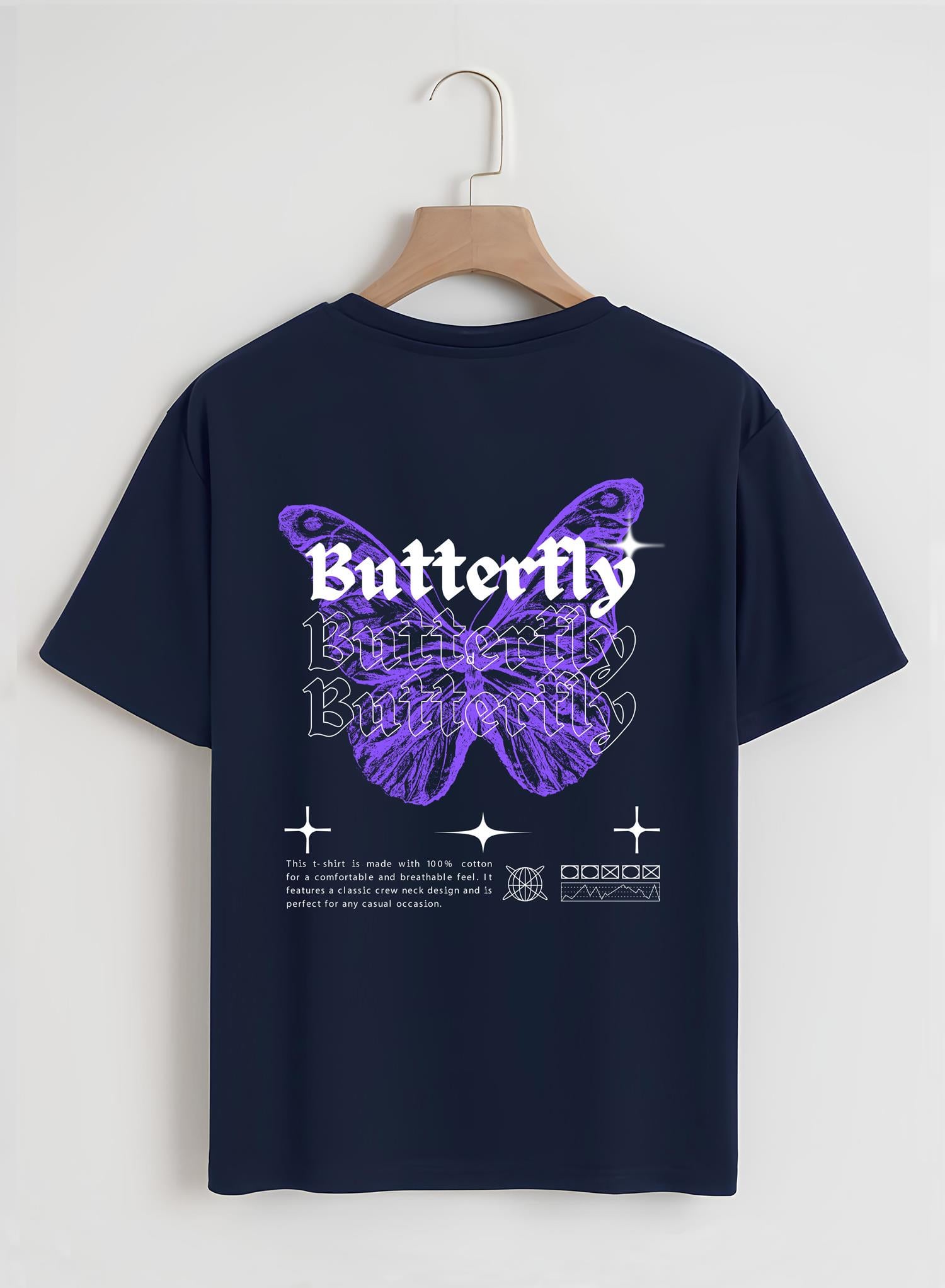 Unisex Oversize Bisiklet Yaka Butterfly Baskılı Basic T-Shirt - LACİVERT