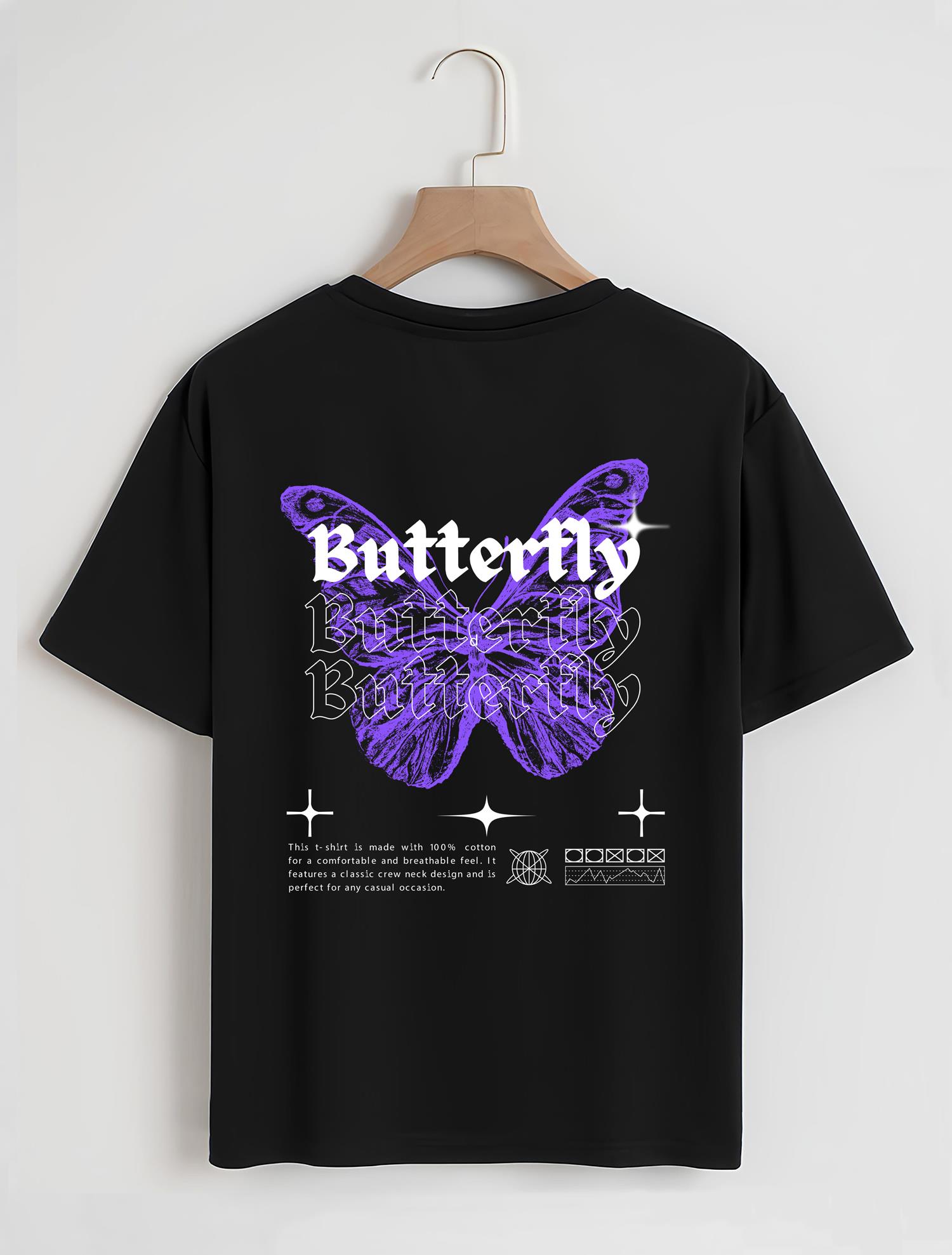 Unisex Oversize Bisiklet Yaka Butterfly Baskılı Basic T-Shirt - SİYAH