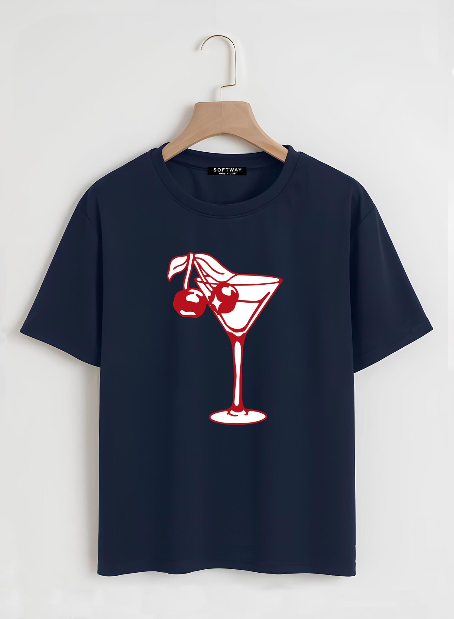 Unisex Oversize Bisiklet Yaka Cherry Cocktail Baskılı Basic T-Shirt - LACİVERT