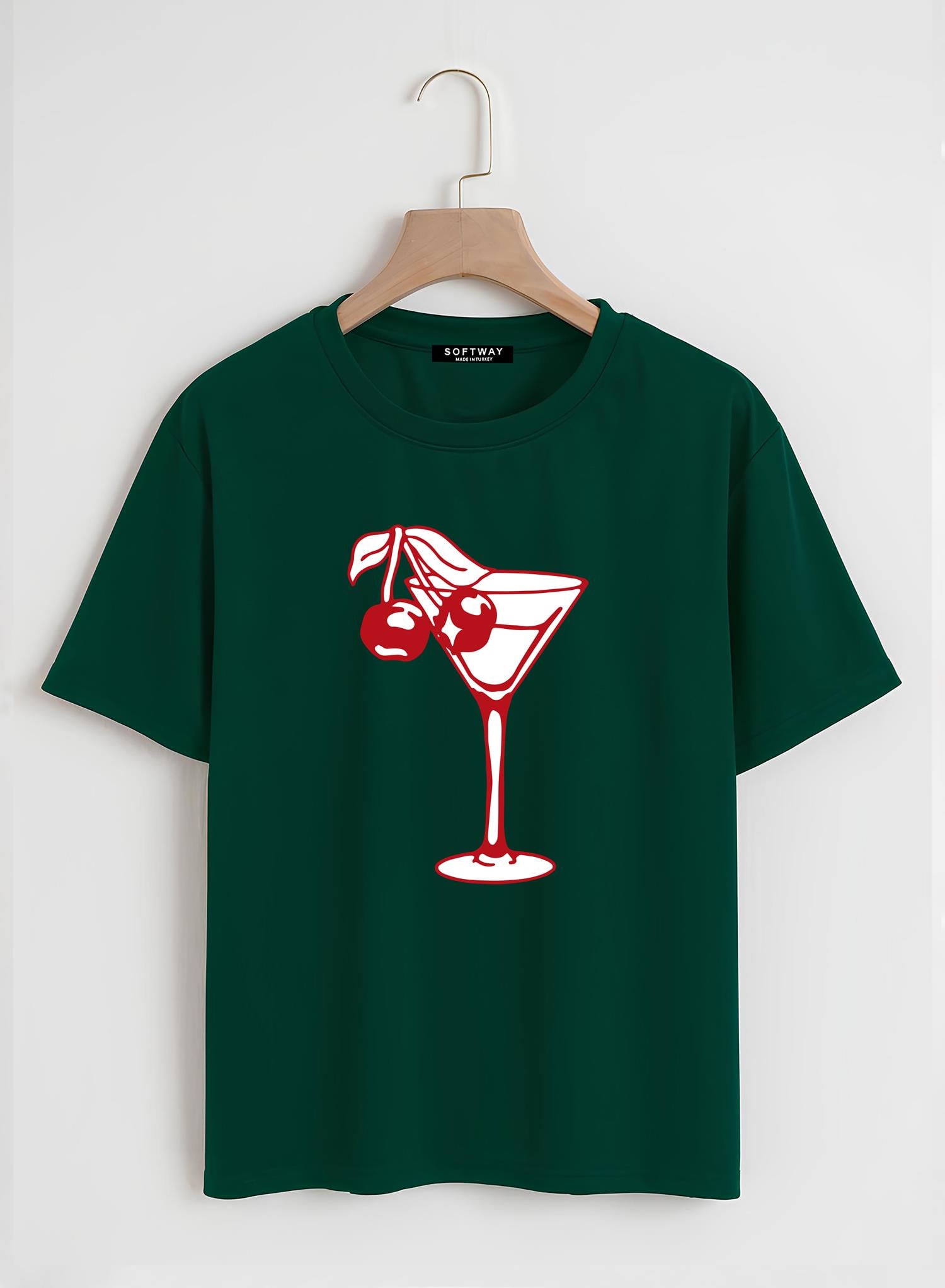Unisex Oversize Bisiklet Yaka Cherry Cocktail Baskılı Basic T-Shirt - KOYU YEŞİL