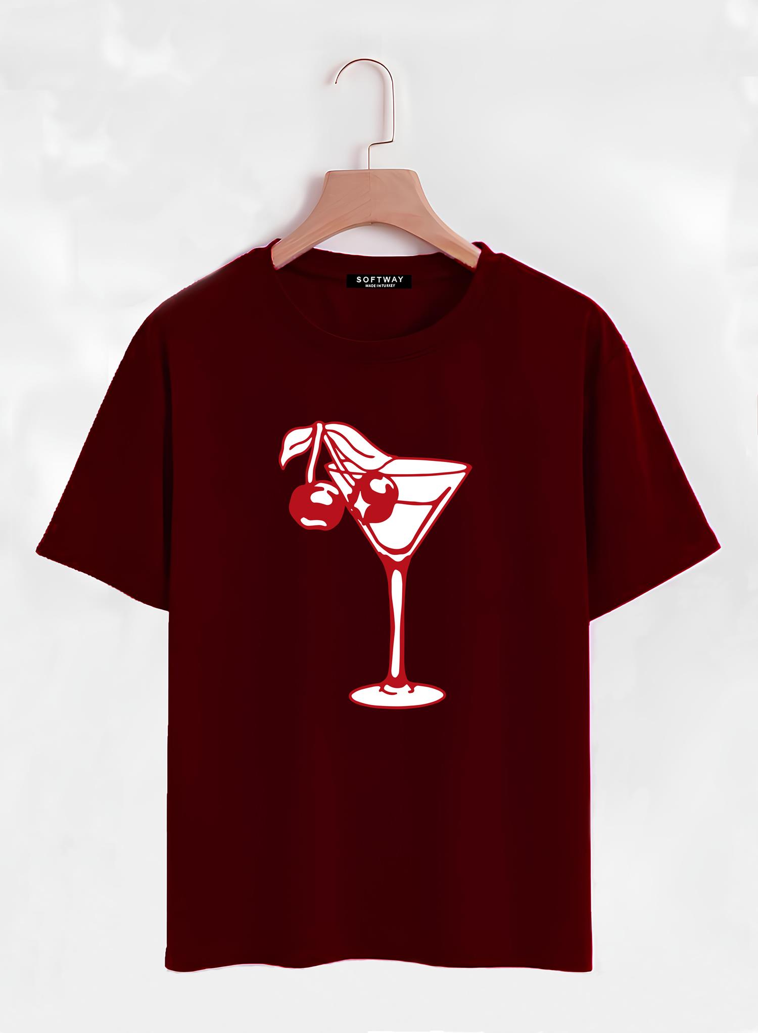 Unisex Oversize Bisiklet Yaka Cherry Cocktail Baskılı Basic T-Shirt - BORDO