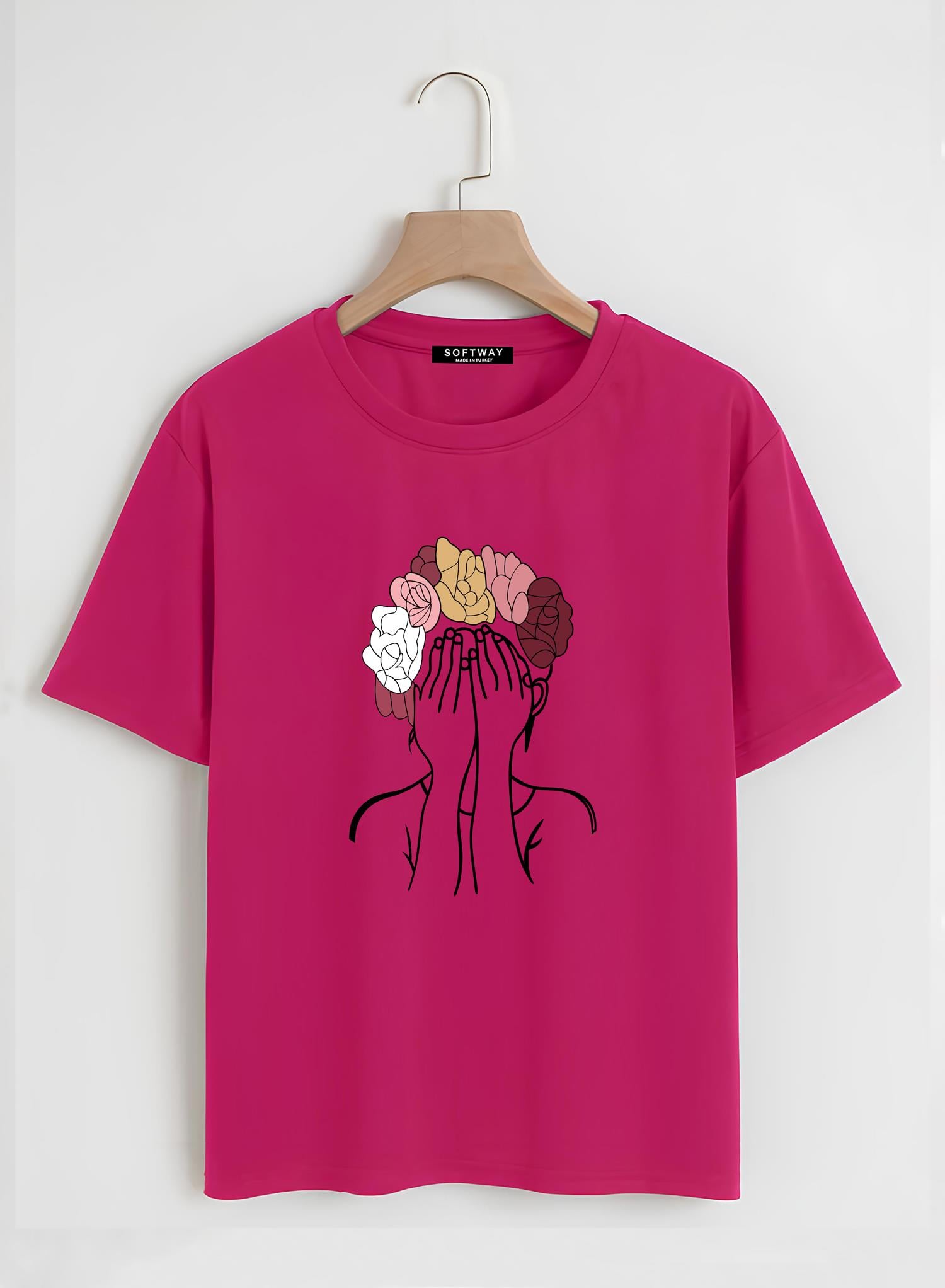 Unisex Oversize Bisiklet Yaka Colorful Hair Baskılı Basic T-Shirt - FUŞYA