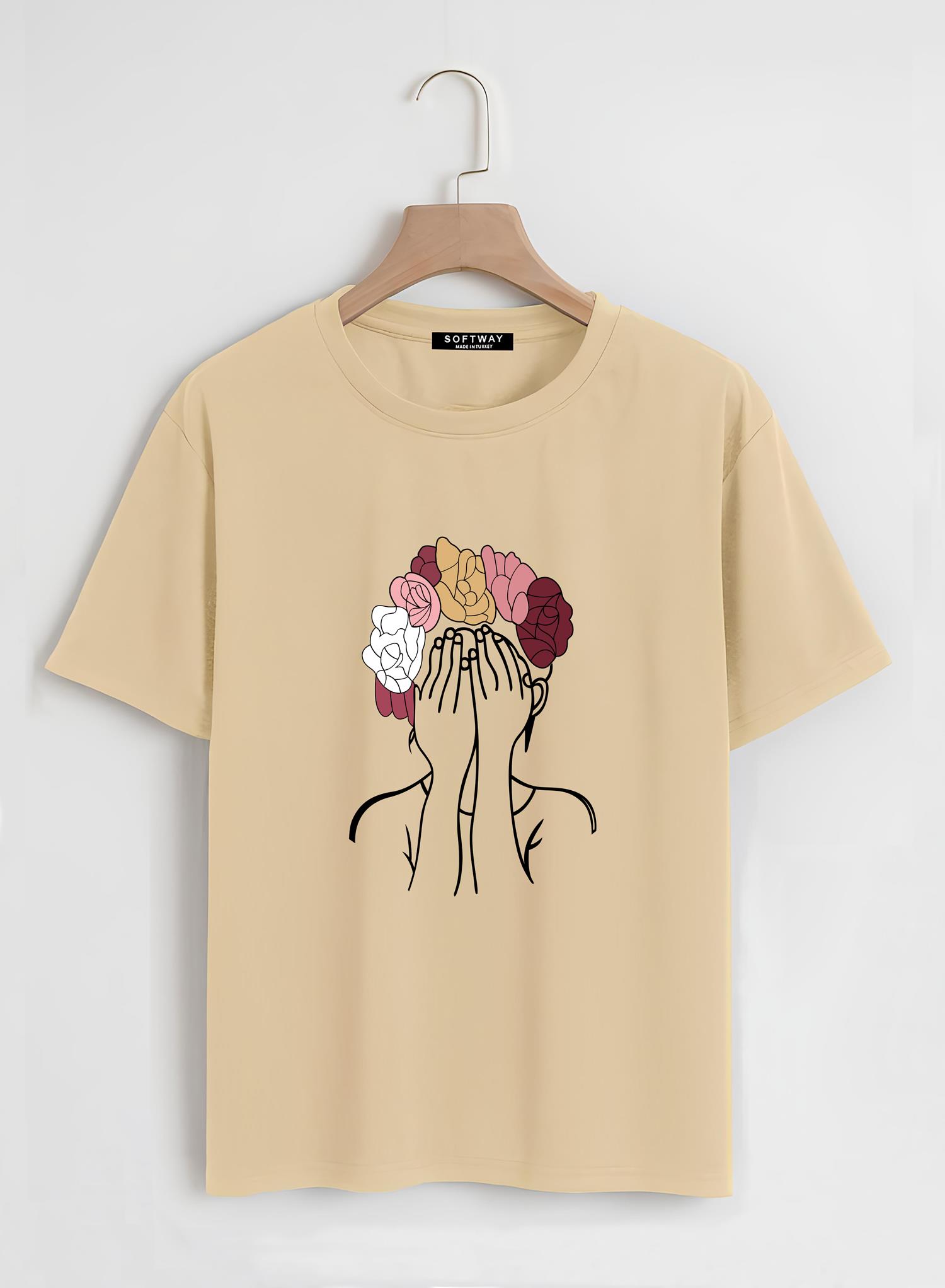Unisex Oversize Bisiklet Yaka Colorful Hair Baskılı Basic T-Shirt - BEJ