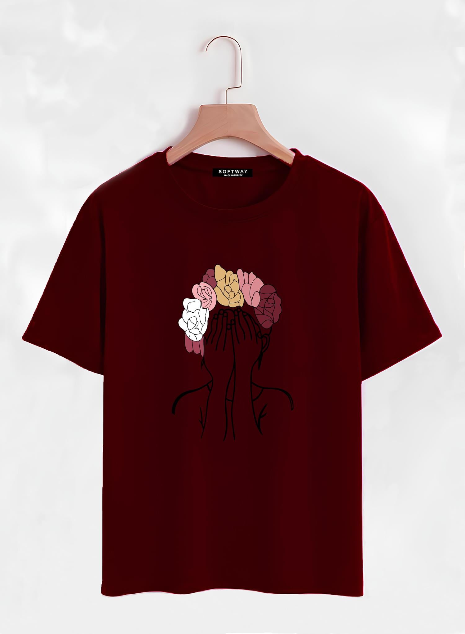 Unisex Oversize Bisiklet Yaka Colorful Hair Baskılı Basic T-Shirt - BORDO
