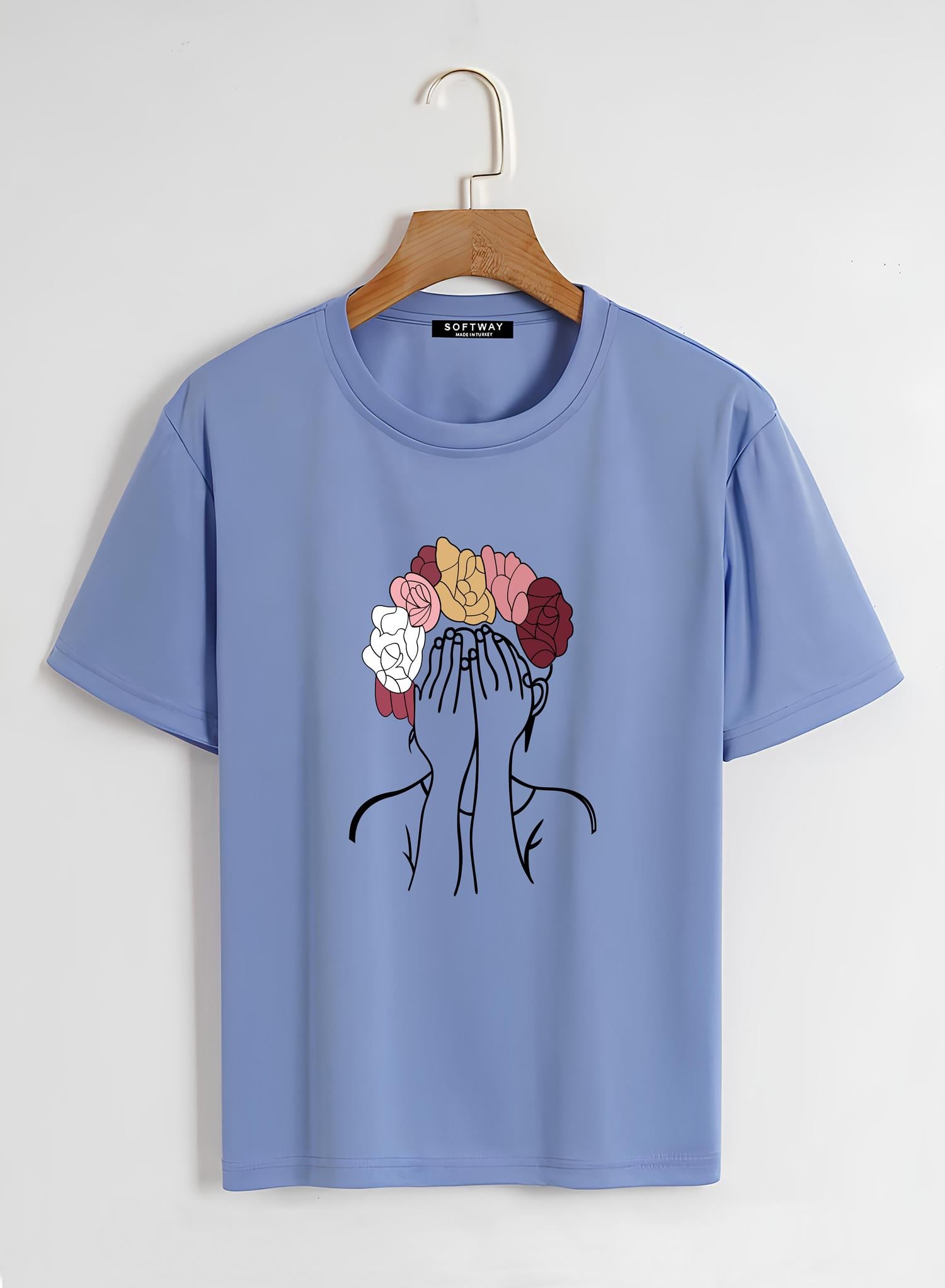 Unisex Oversize Bisiklet Yaka Colorful Hair Baskılı Basic T-Shirt - MAVİ