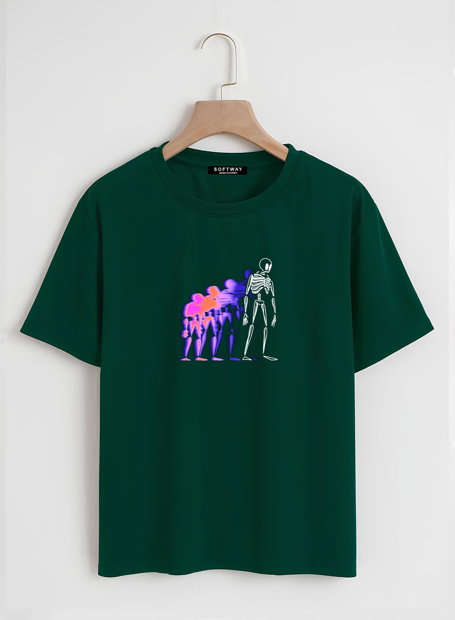 Unisex Oversize Bisiklet Yaka Colorful Skeleton Baskılı Basic T-Shirt - KOYU YEŞİL