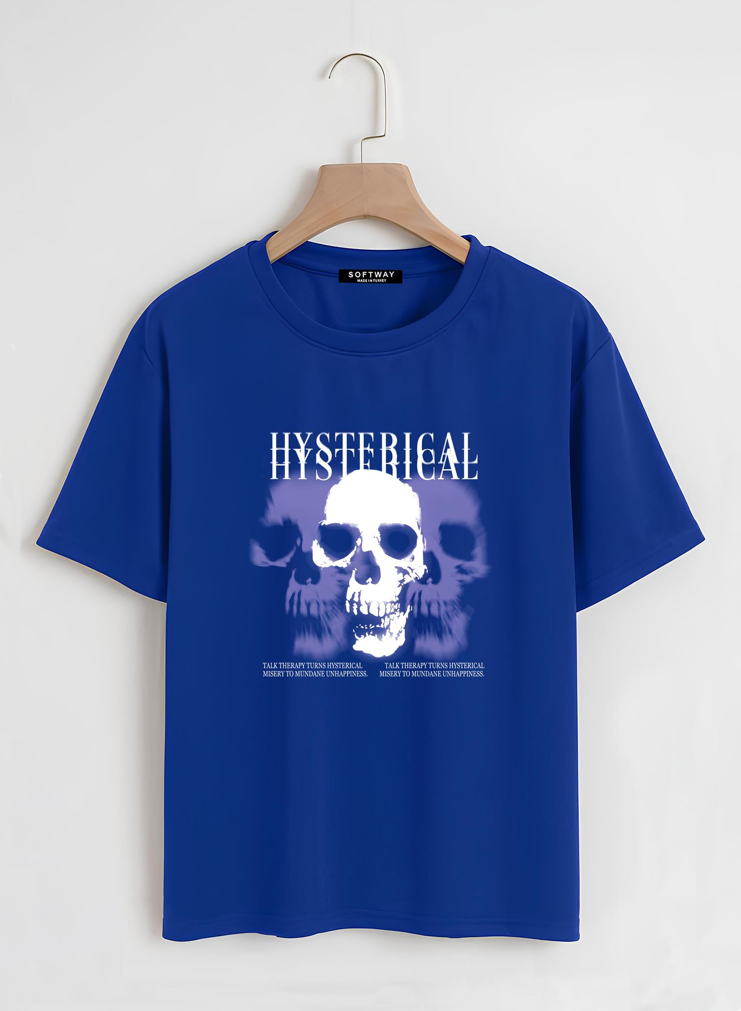 Unisex Oversize Bisiklet Yaka Hysterigal Baskılı Basic T-Shirt - SAKS MAVİSİ