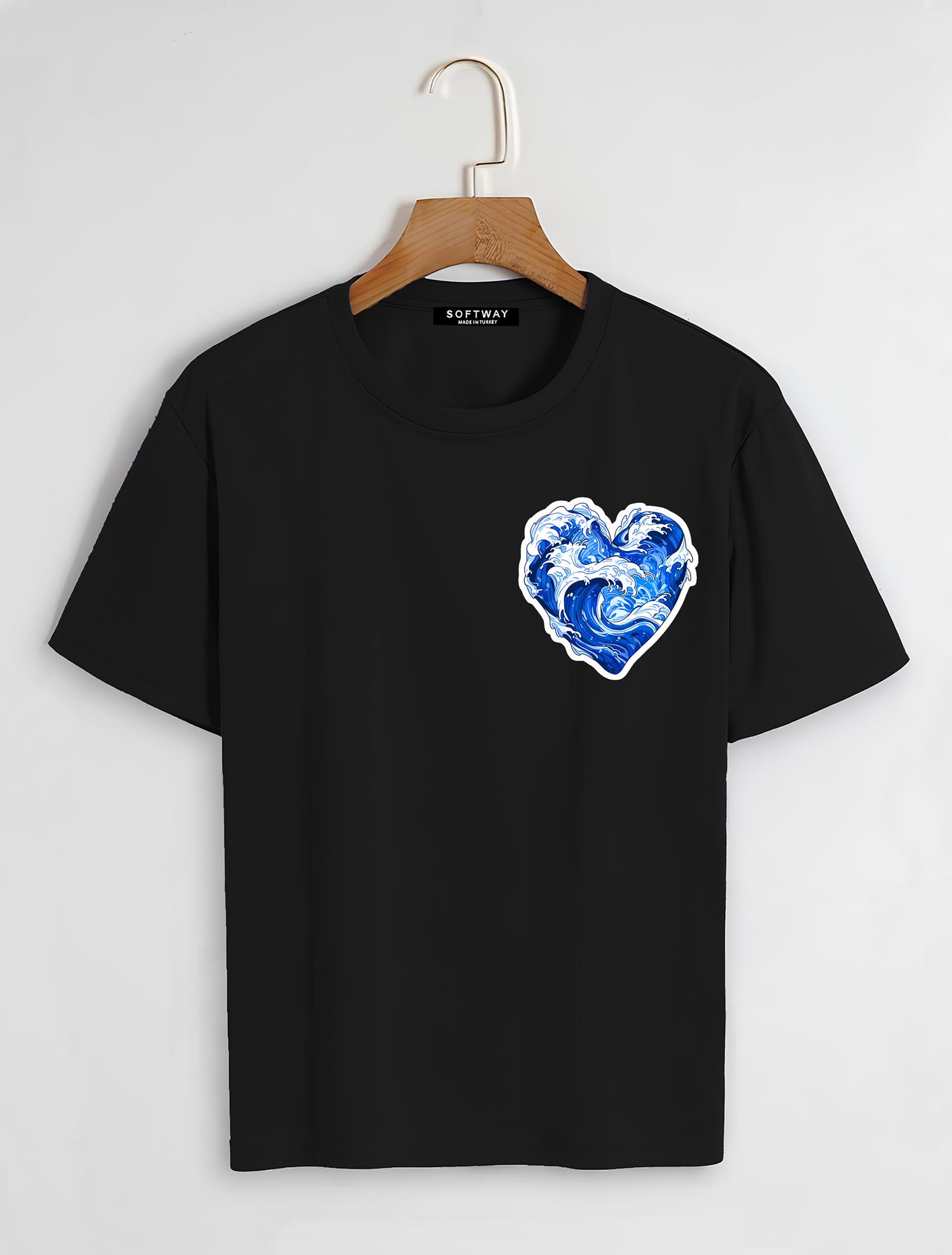 Unisex Oversize Bisiklet Yaka Ocean Heart Baskılı Basic T-Shirt - SİYAH