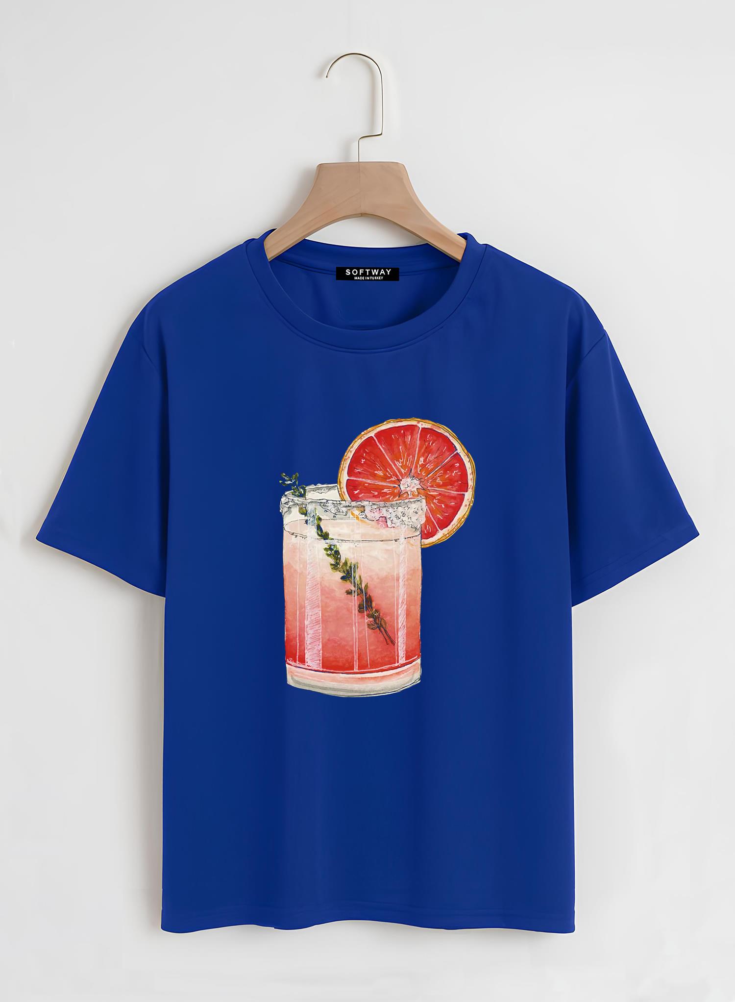 Unisex Oversize Bisiklet Yaka Orange Cocktail Baskılı Basic T-Shirt - SAKS MAVİSİ