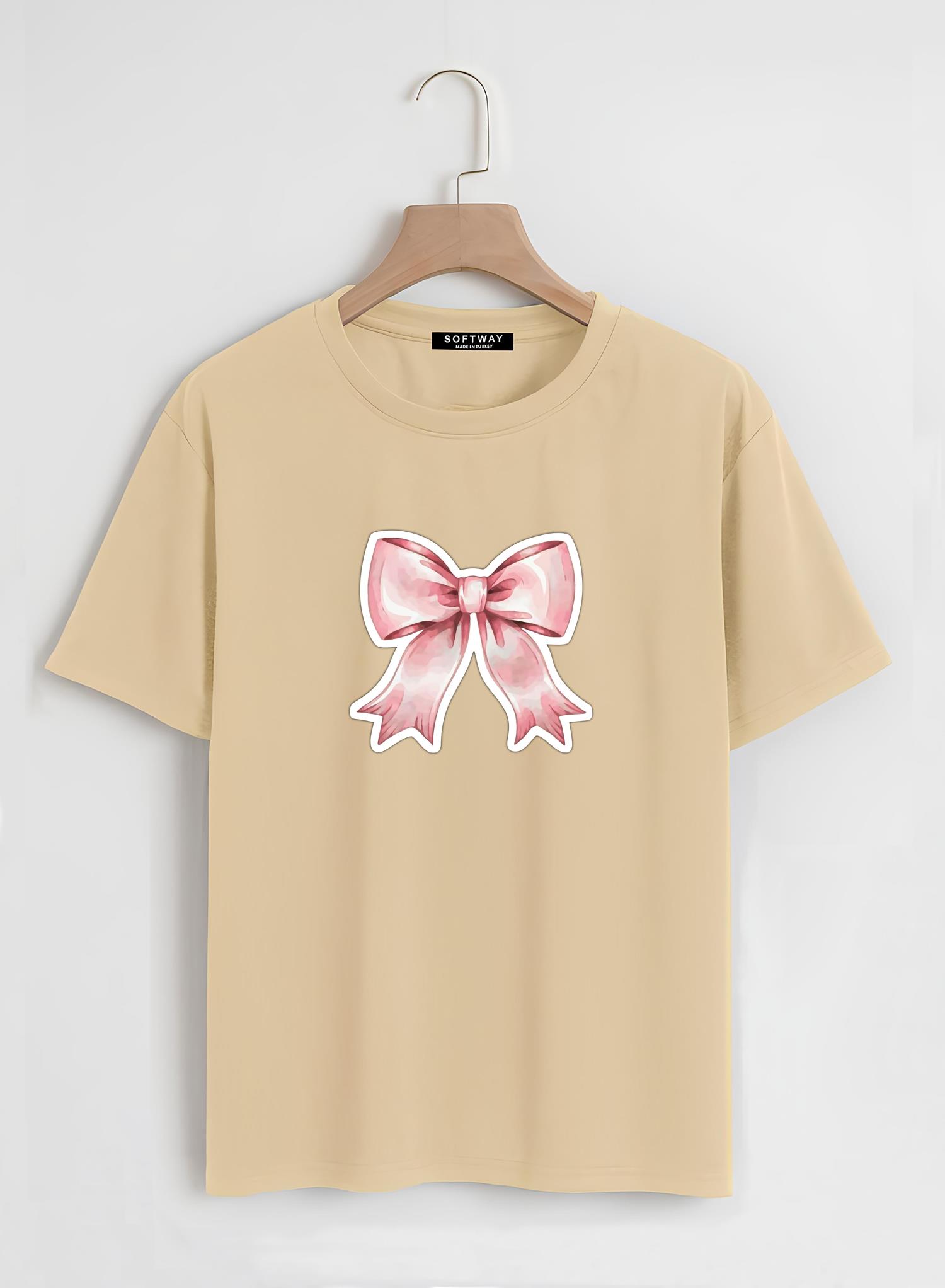 Unisex Oversize Bisiklet Yaka Powder Pink Ribbon Baskılı Basic T-Shirt - BEJ