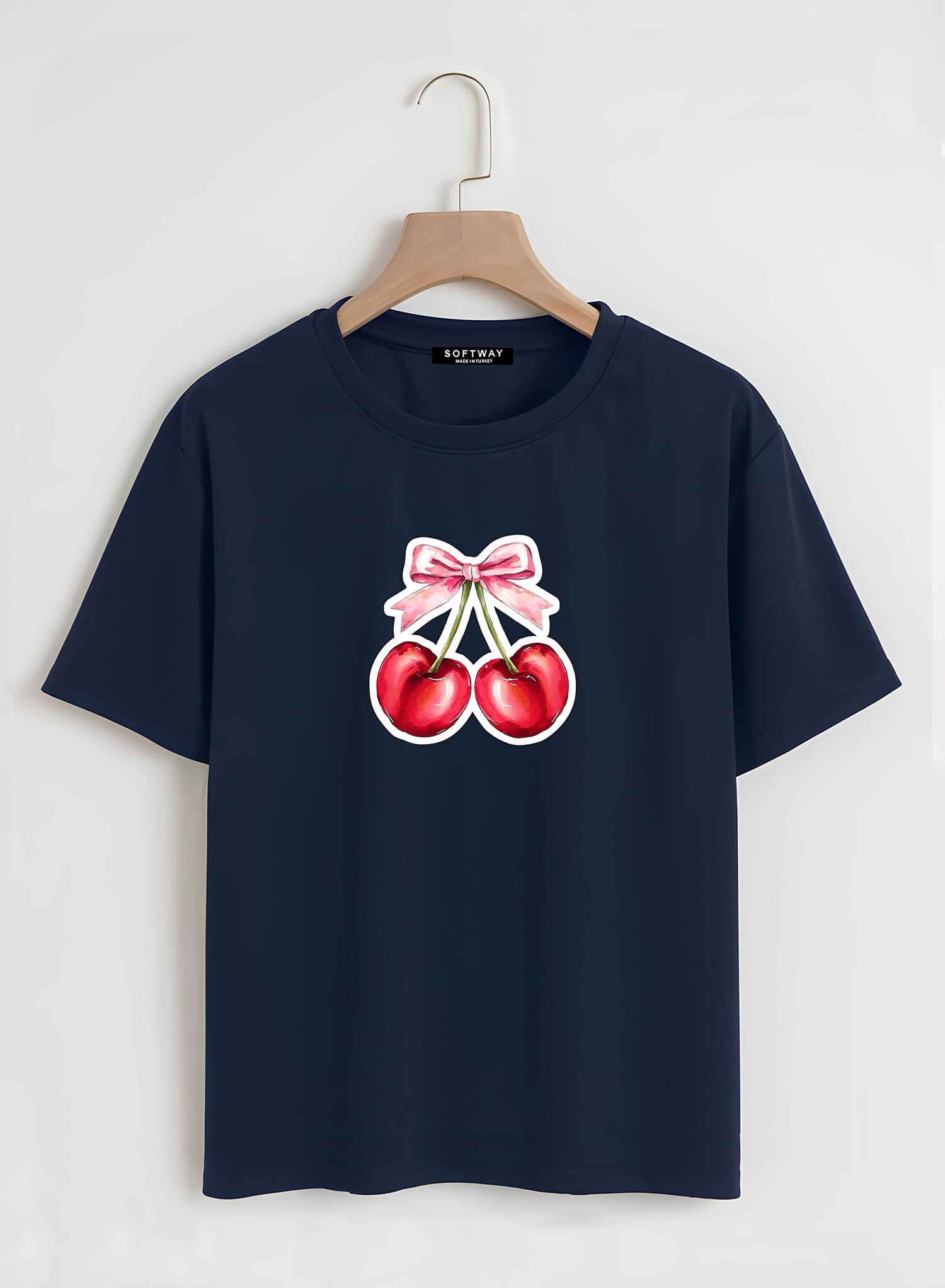 Unisex Oversize Bisiklet Yaka Ribbon Cherry Baskılı Basic T-Shirt - LACİVERT