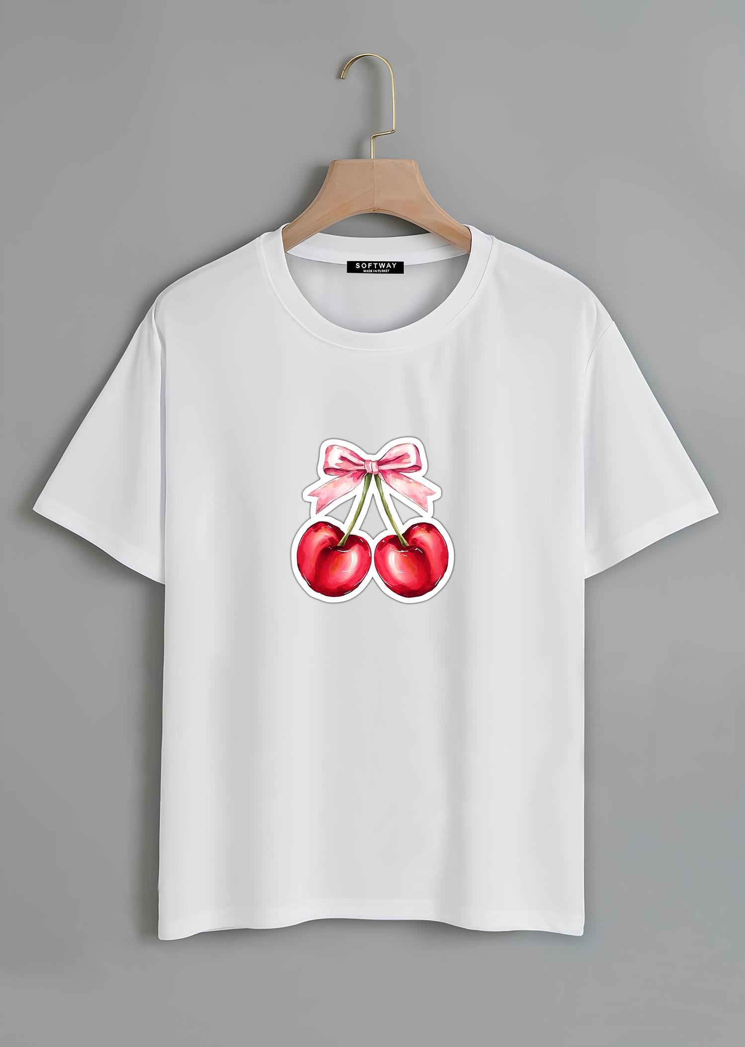 Unisex Oversize Bisiklet Yaka Ribbon Cherry Baskılı Basic T-Shirt - BEYAZ