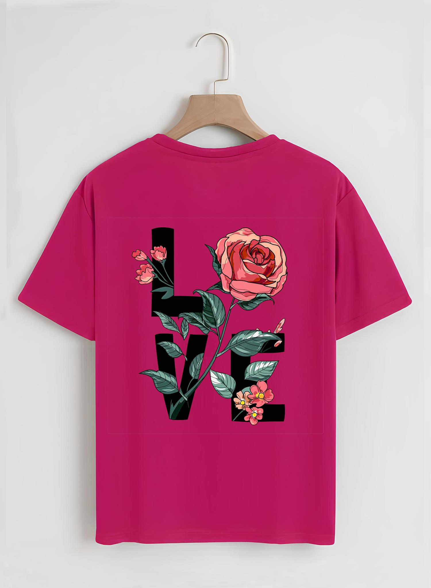 Unisex Oversize Bisiklet Yaka Rose Love Baskılı Basic T-Shirt - FUŞYA