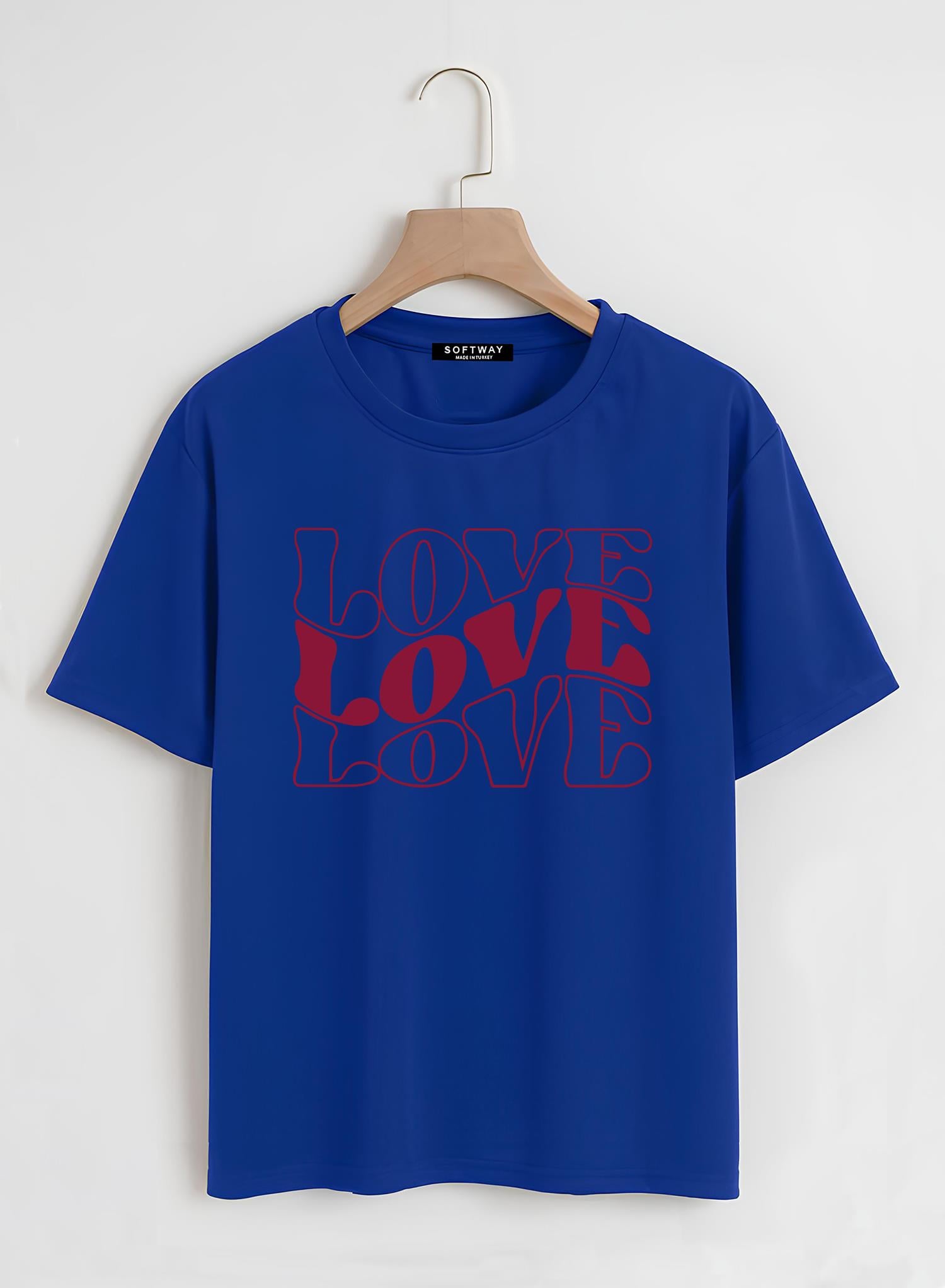 Unisex Oversize Bisiklet Yaka Theree Love Baskılı Basic T-Shirt - SAKS MAVİSİ