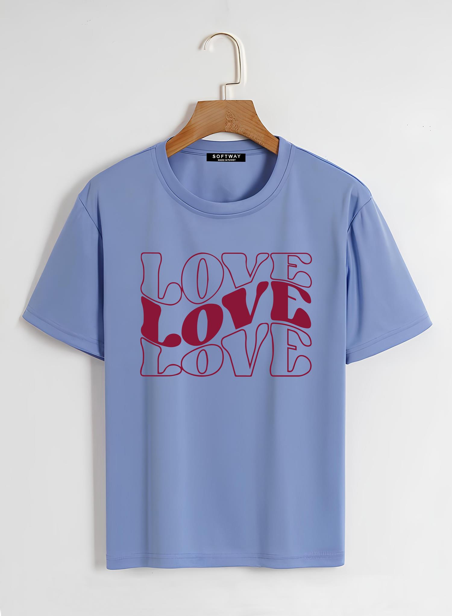 Unisex Oversize Bisiklet Yaka Theree Love Baskılı Basic T-Shirt - MAVİ