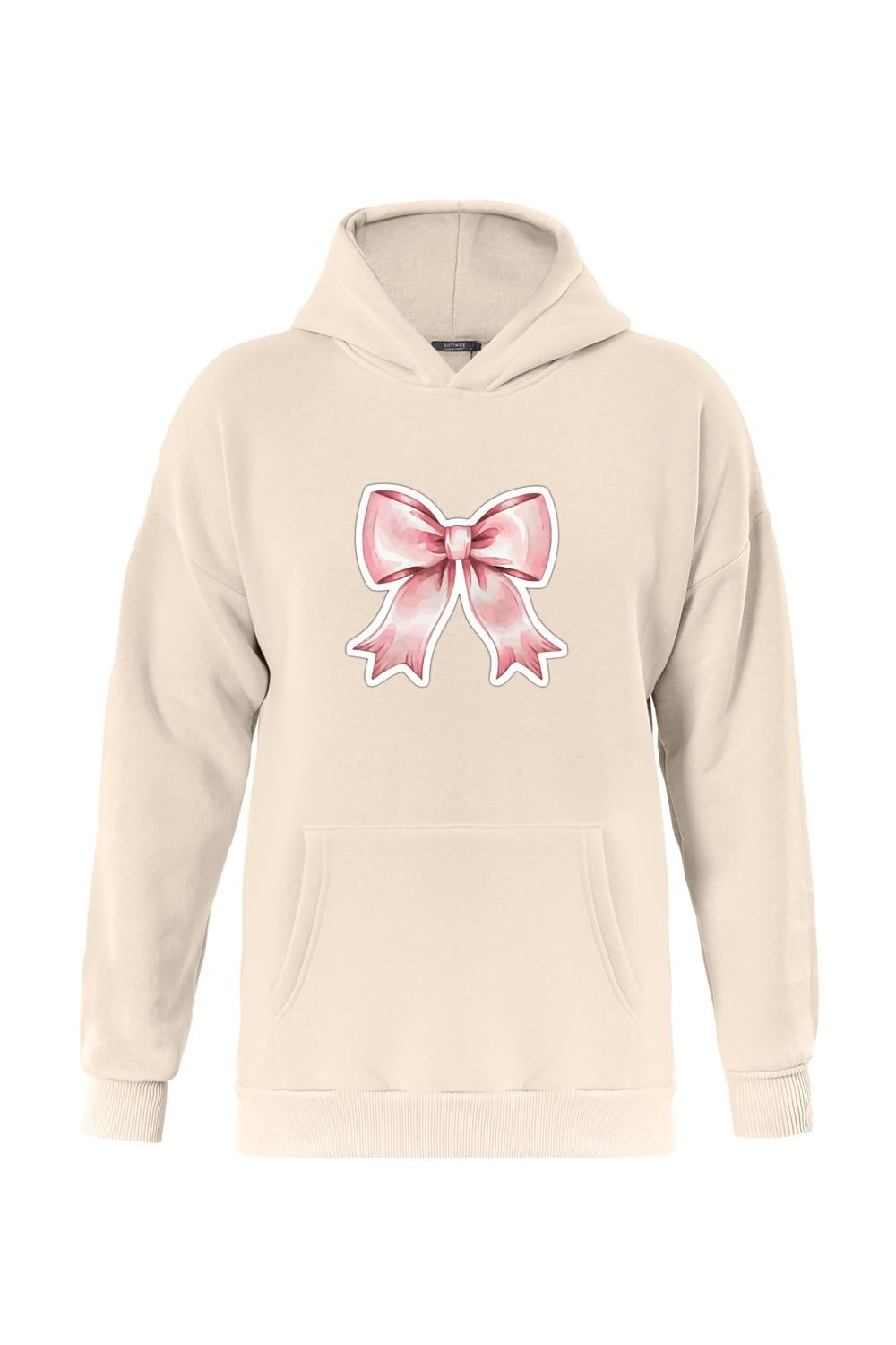 Unisex Powder Pink Baskılı Kapüşonlu İçi Yumuşak Polarlı Oversize Sweatshirt - BEJ