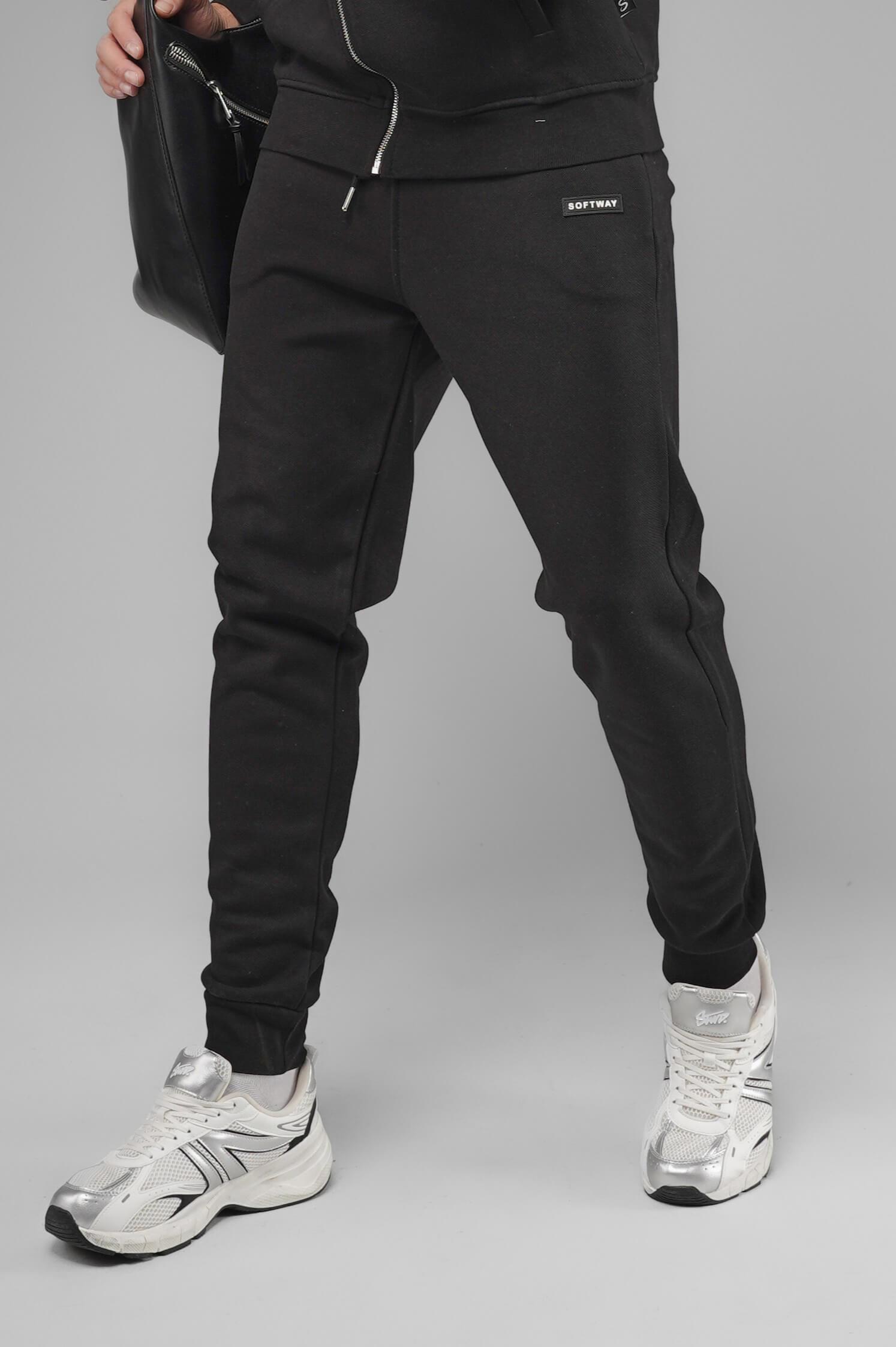 Unisex Regular Fit Cepli İnterlok Pike Eşofman Altı - Siyah