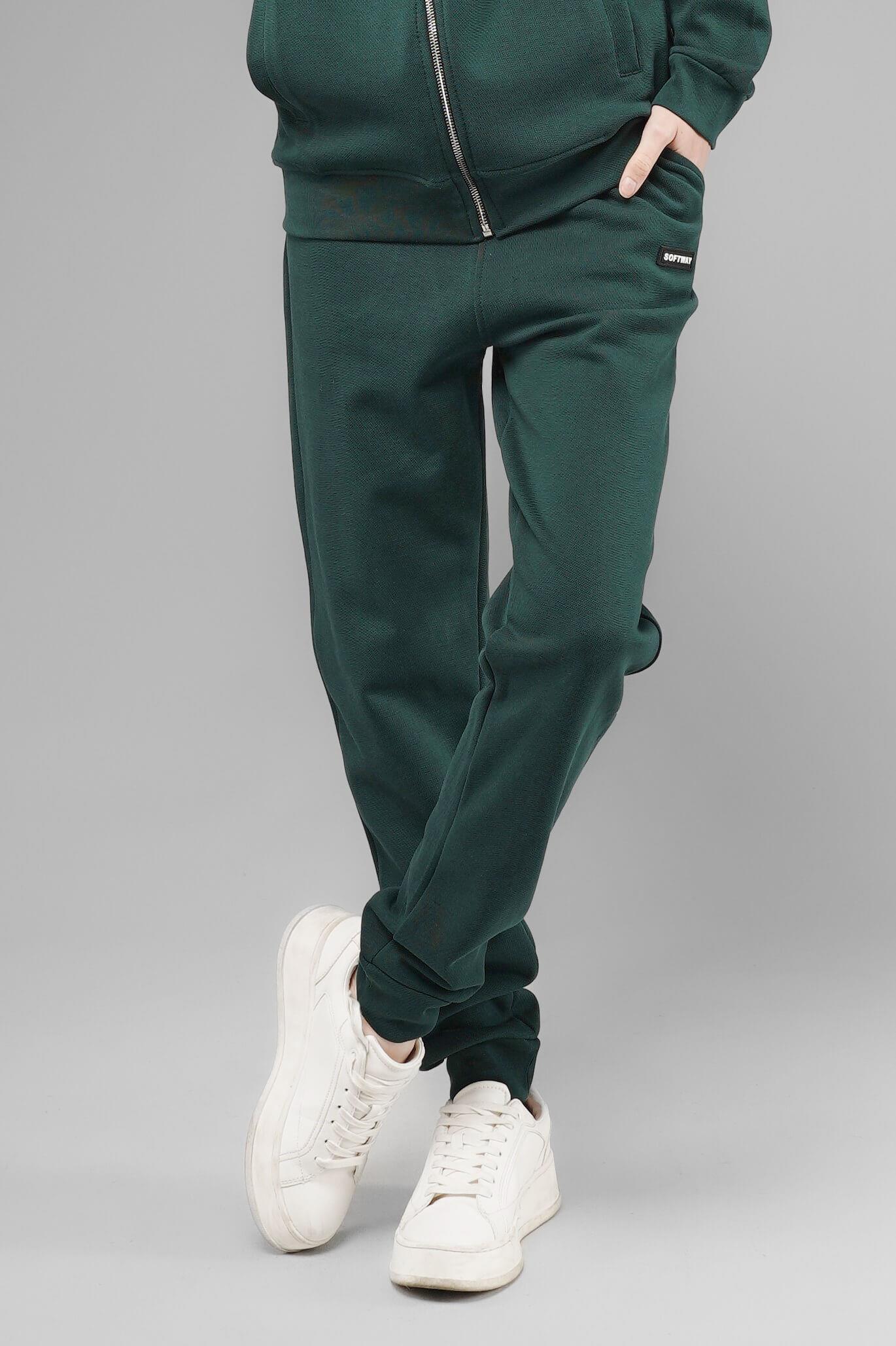 Unisex Regular Fit Cepli İnterlok Pike Eşofman Altı - Koyu Yeşil