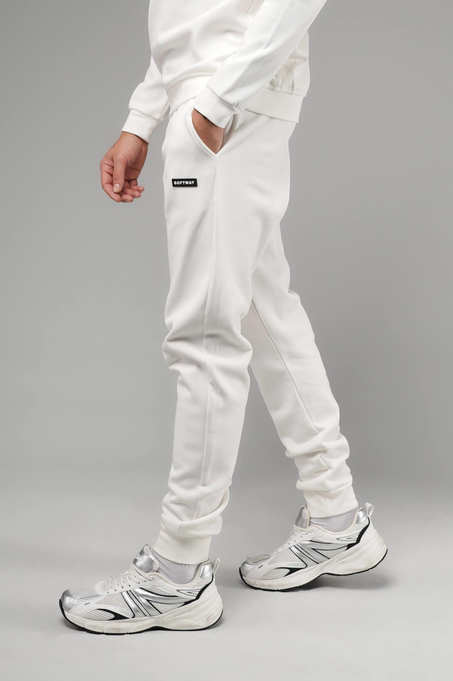 Unisex Regular Fit Cepli İnterlok Pike Eşofman Altı - Beyaz