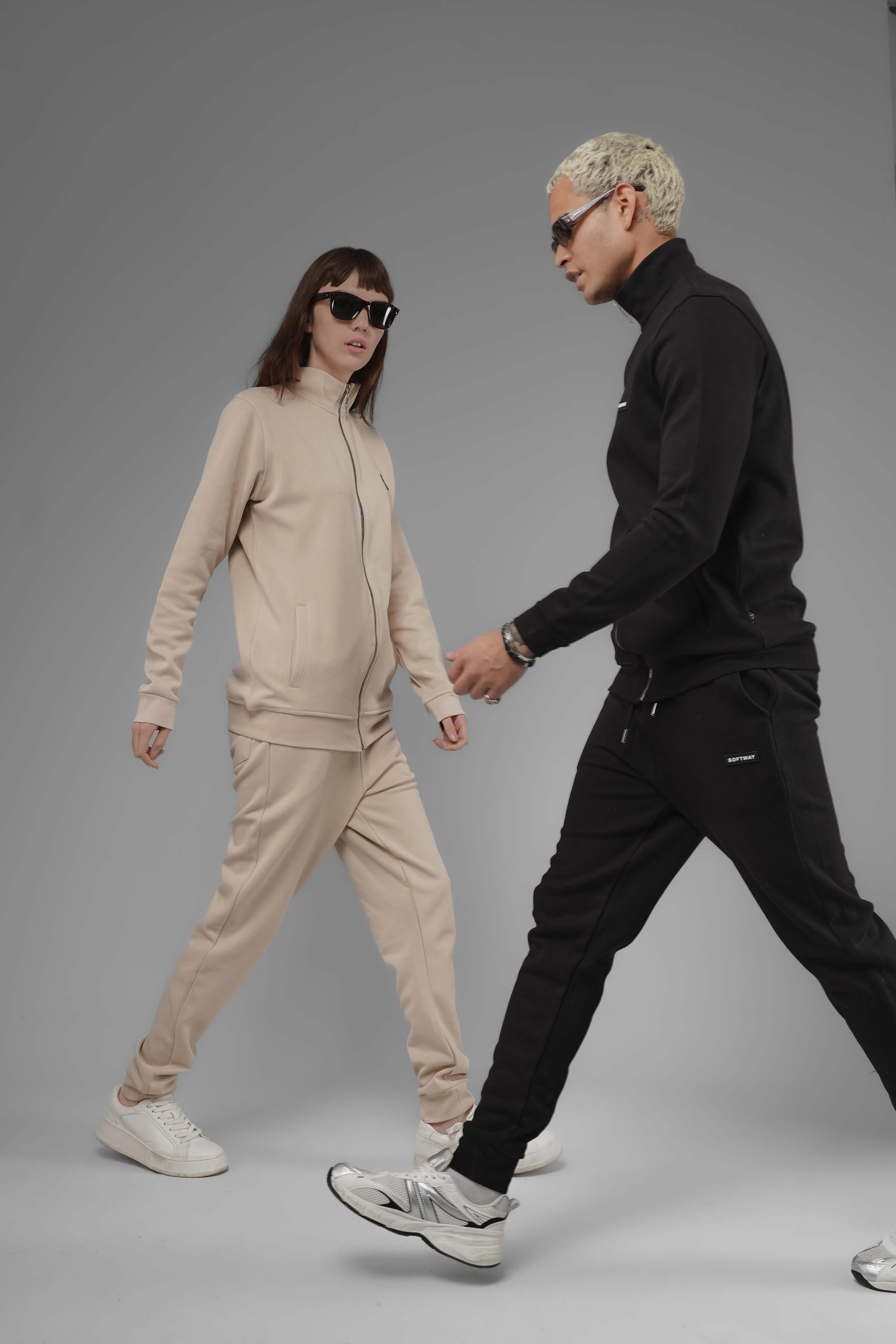 Unisex Regular Fit Dik Yaka Fermuarlı Cepli İnterlok Pike Sweatshirt  - Bej
