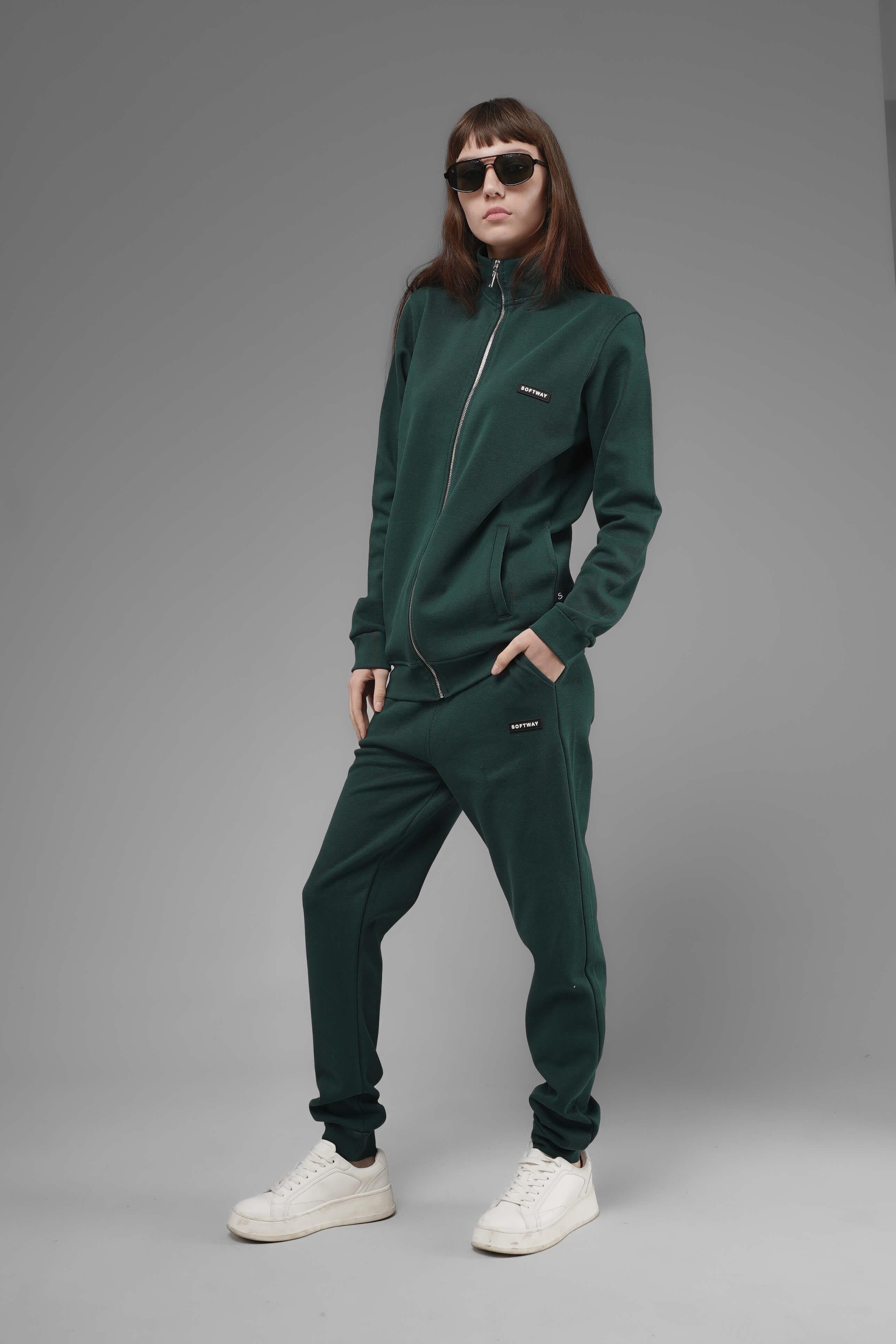 Unisex Regular Fit Dik Yaka Fermuarlı Cepli İnterlok Pike Sweatshirt  - Koyu Yeşil