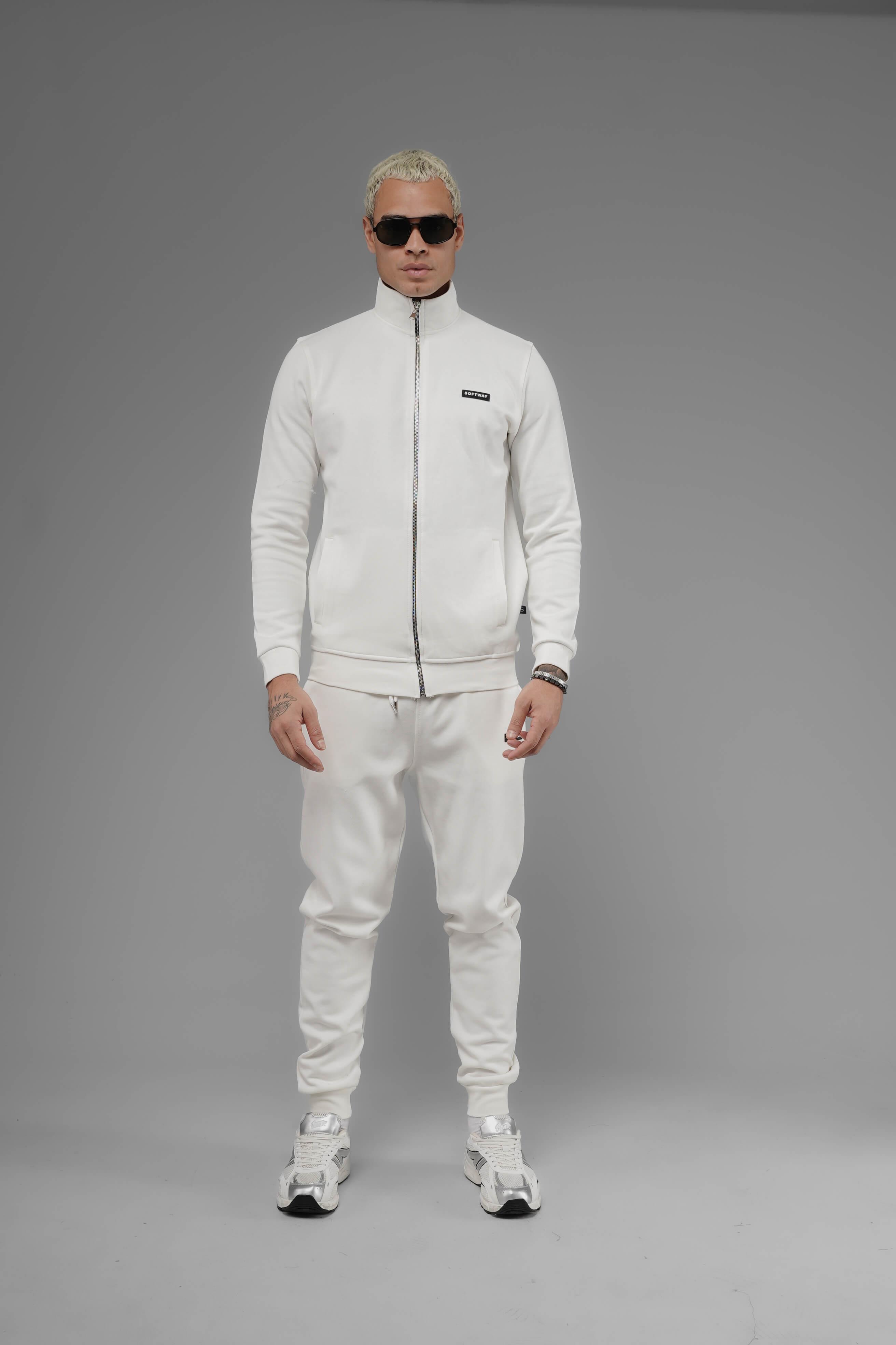 Unisex Regular Fit Dik Yaka Fermuarlı Cepli İnterlok Pike Sweatshirt - Beyaz
